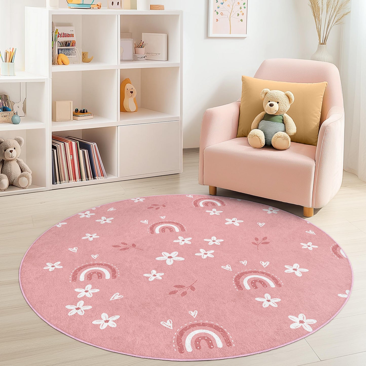Cute Pink Rainbow Floral Round Kids Rug, Playful Flower Pattern Round Rug, Nursery Decor, Baby Room Carpet, Kids Room Accessory
