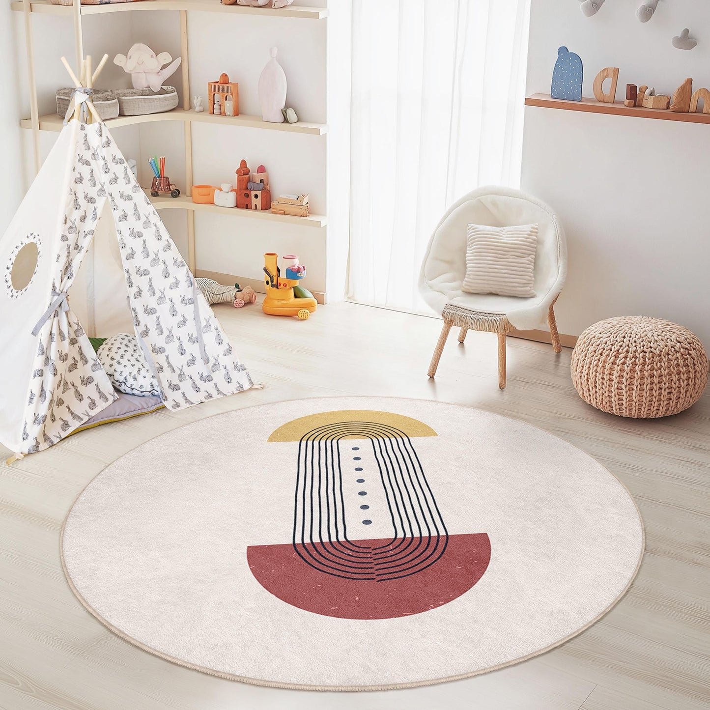 Geometric Lines Round Area Rug, Stylish Round Carpet for Kids Room, Modern Round Play Mat, Nursery Decor, Soft Round Rug