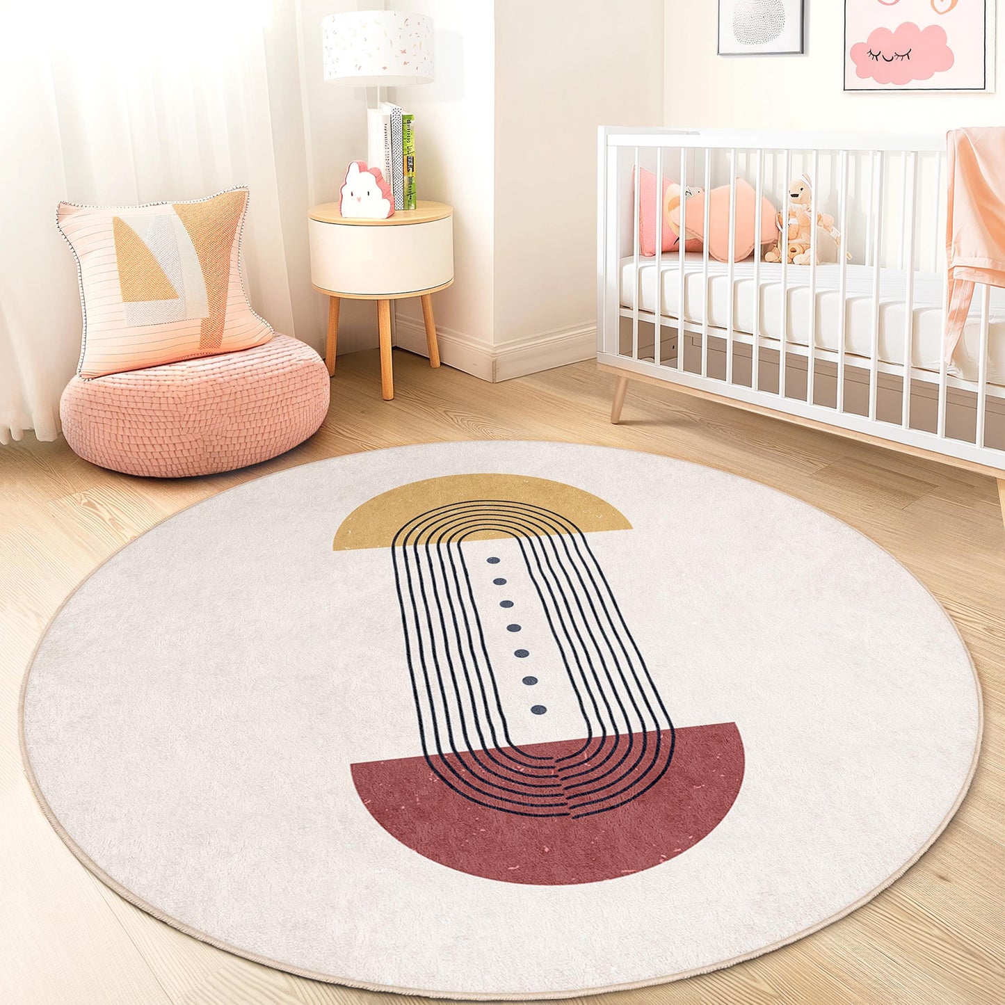 Geometric Lines Round Area Rug, Stylish Round Carpet for Kids Room, Modern Round Play Mat, Nursery Decor, Soft Round Rug