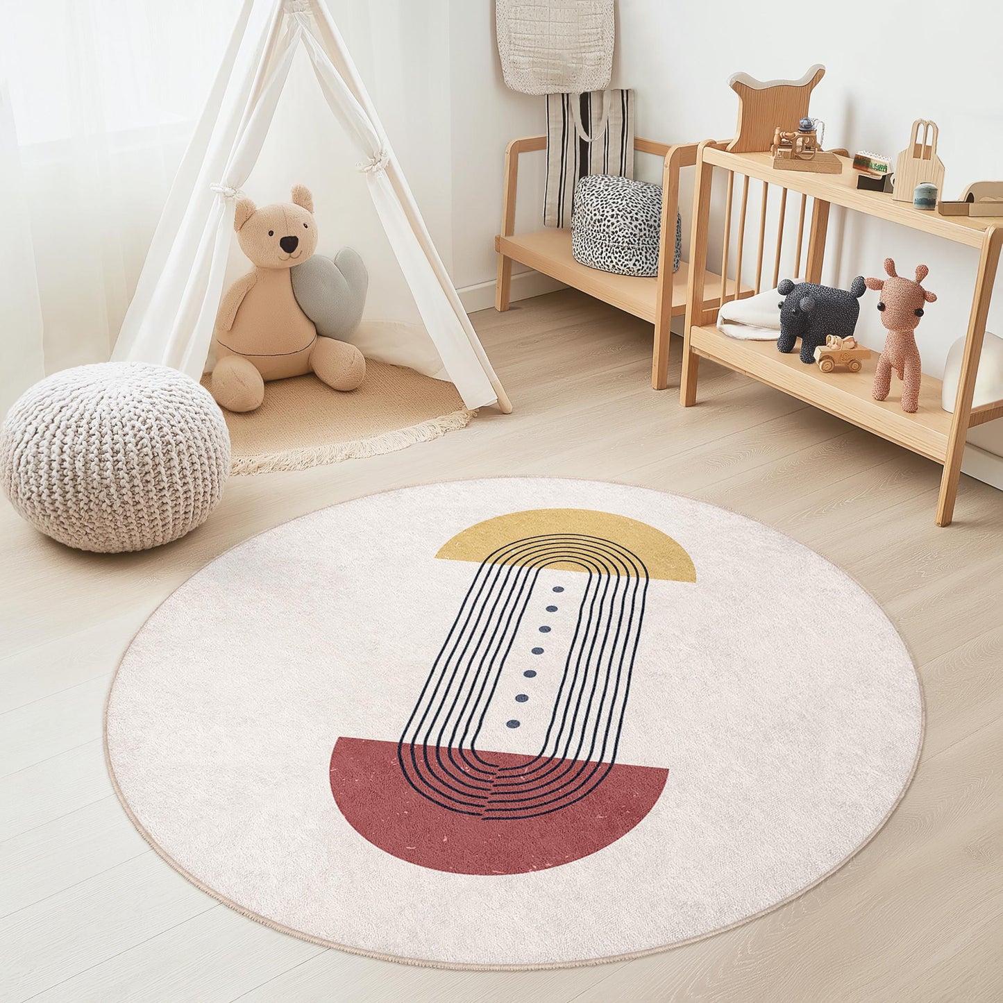 Geometric Lines Round Area Rug, Stylish Round Carpet for Kids Room, Modern Round Play Mat, Nursery Decor, Soft Round Rug