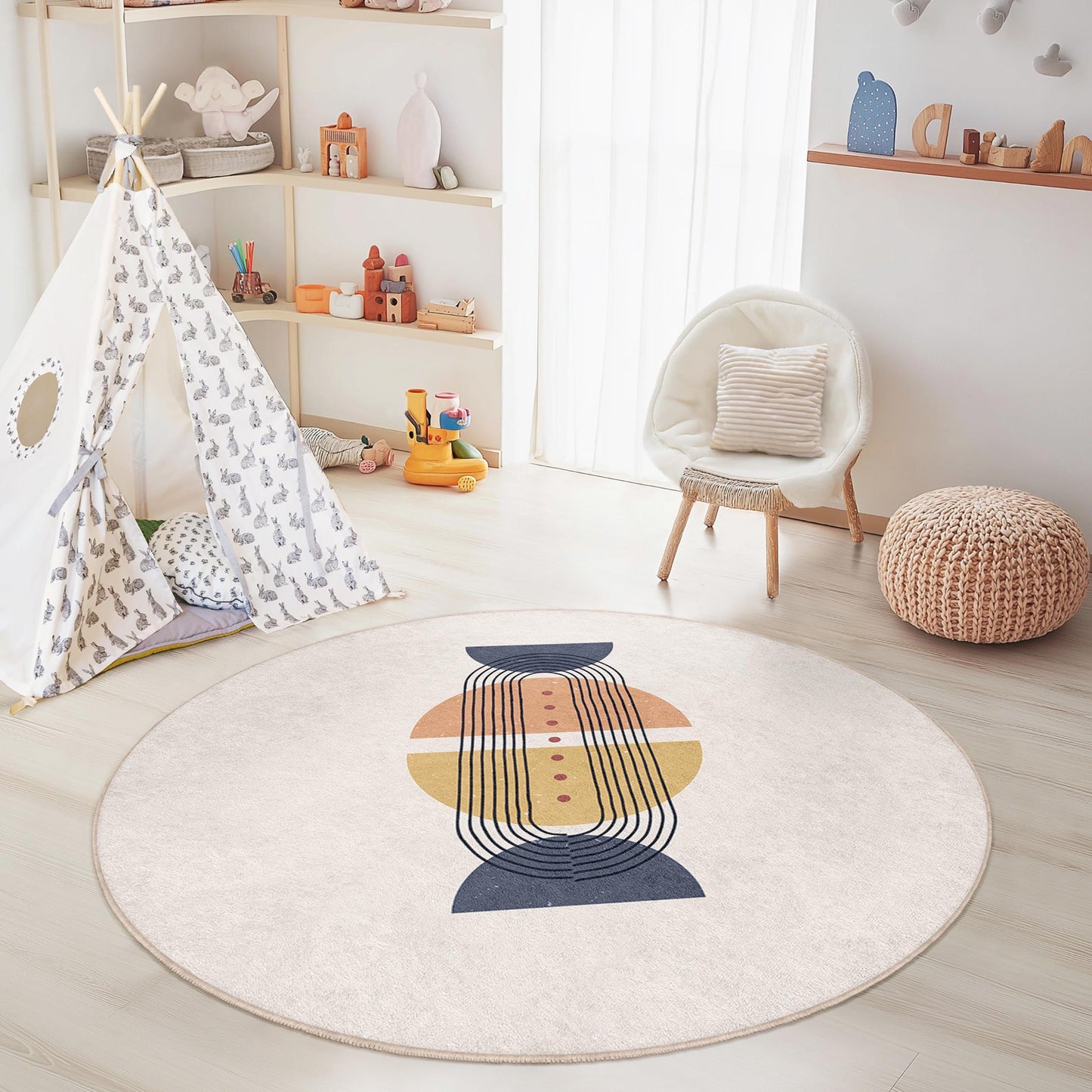 Modern Geometric Round Area Rug, Stylish Round Carpet for Kids Room, Soft Play Mat, Nursery Decor, Playroom Rug, Children's Room Decor