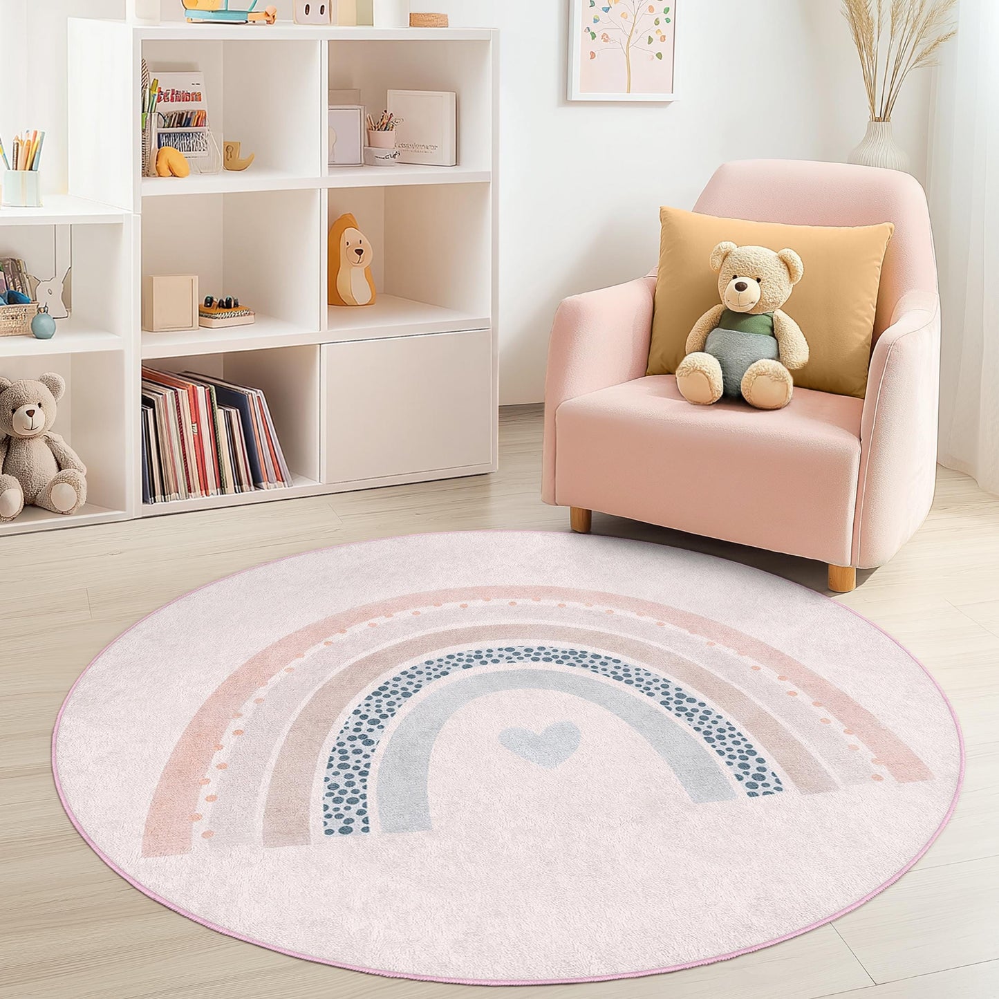 Rainbow Pattern Round Kids Rug, Soft Nursery Carpet, Playroom Mat, Playful Kids Room Decor, Pastel Rainbow Area Rug