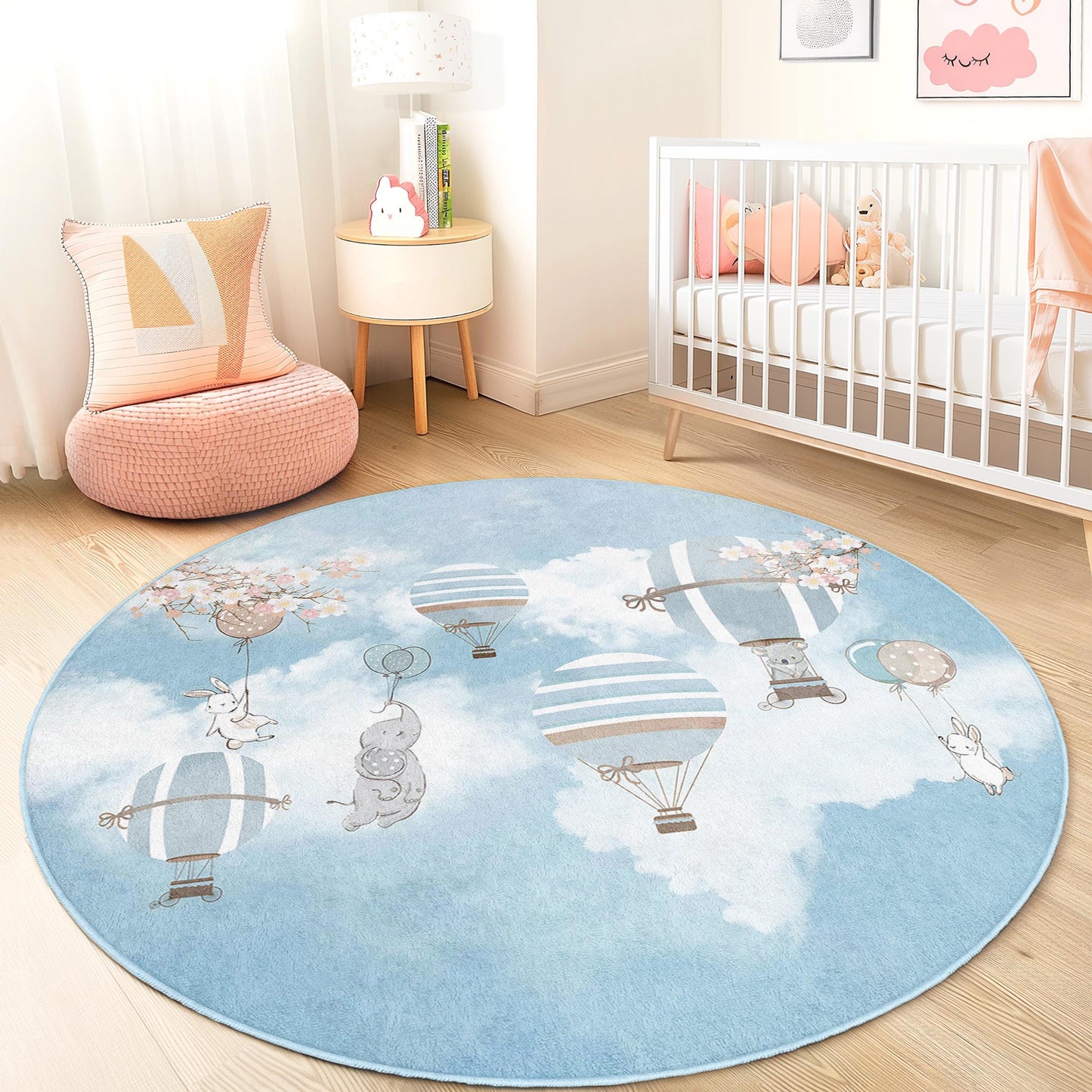 Hot Air Balloon Kids Round Rug, Nursery Room Decor, Soft Play Mat for Children, Cute Cartoon Rug, Baby Room Flooring