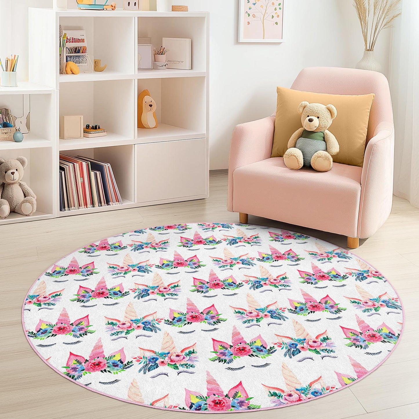 Whimsical Floral Unicorn Round Kids Rug, Unicorn Play Mat, Cute Nursery Decor, Soft Round Carpet for Children's Room, Playroom Rug