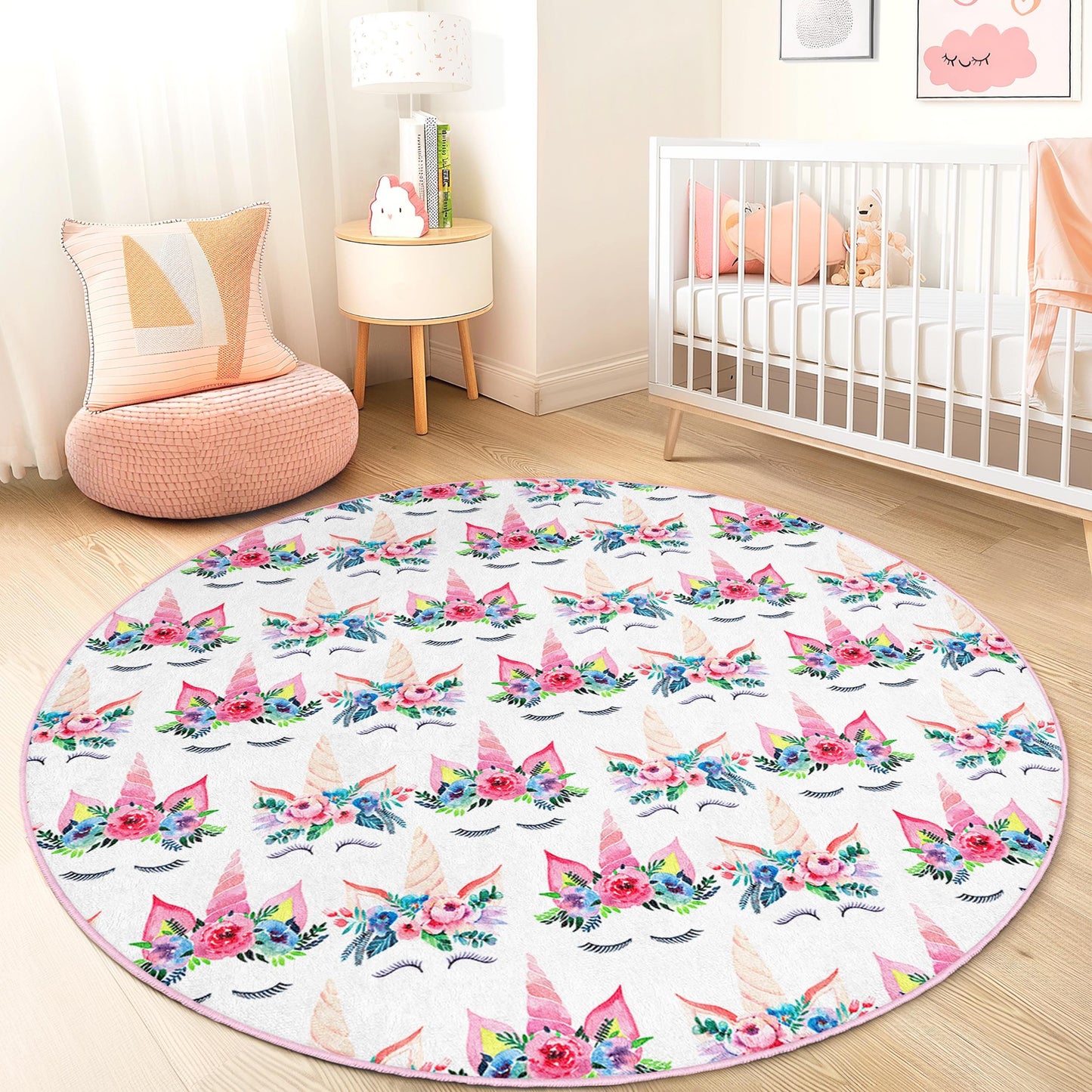 Whimsical Floral Unicorn Round Kids Rug, Unicorn Play Mat, Cute Nursery Decor, Soft Round Carpet for Children's Room, Playroom Rug