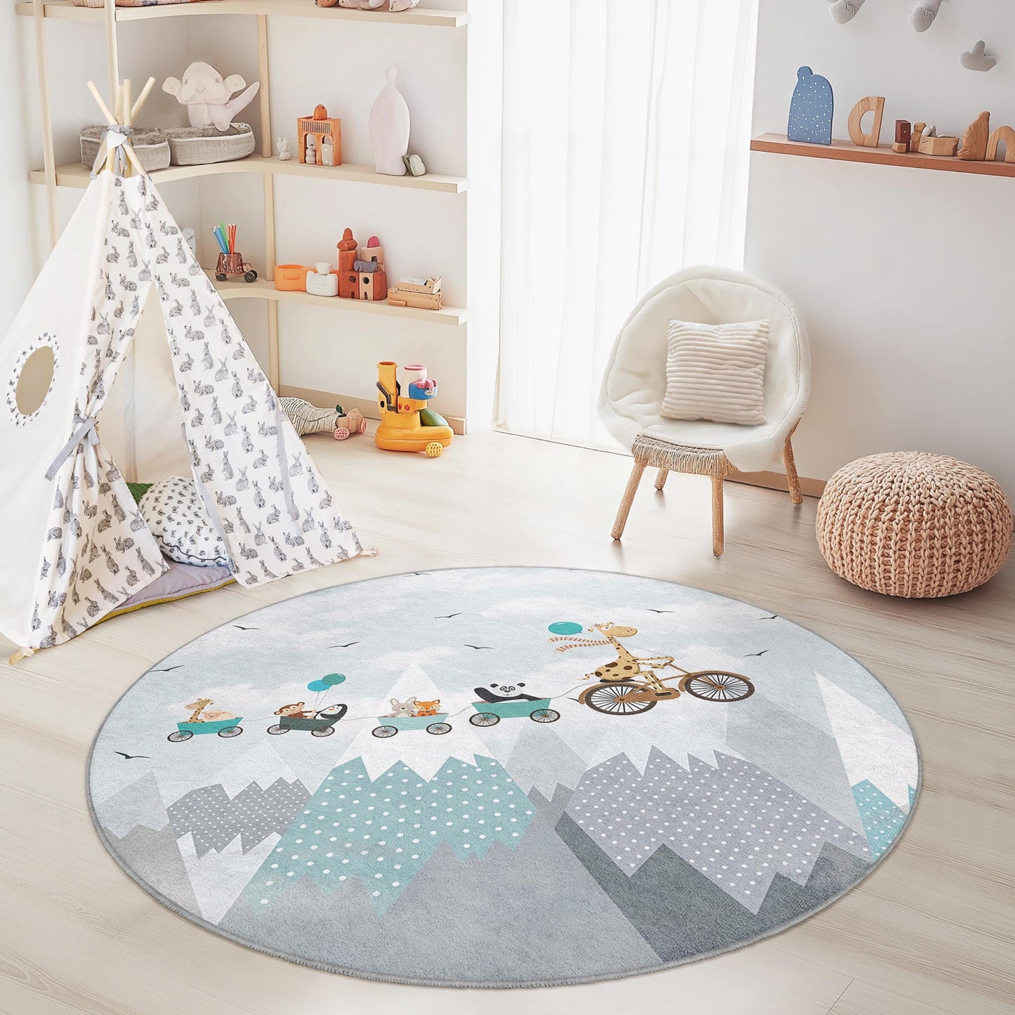 Whimsical Animal Parade Round Kids Rug, Soft Play Mat for Nursery, Cute Nursery Decor, Child's Room Carpet, Playroom Rug
