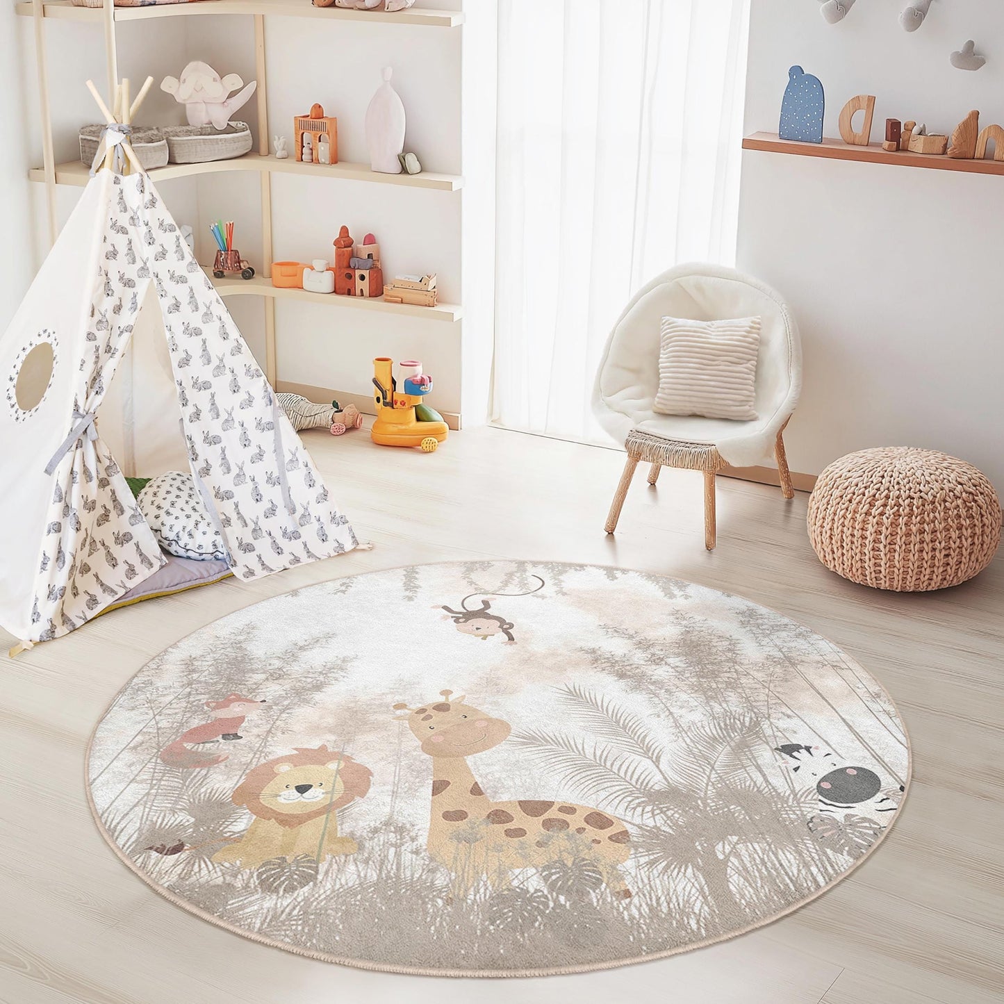 Cute Safari Animals Round Kids Rug, Animal Themed Play Mat, Nursery Decor, Soft Round Carpet for Kids Room, Jungle Animal Rug
