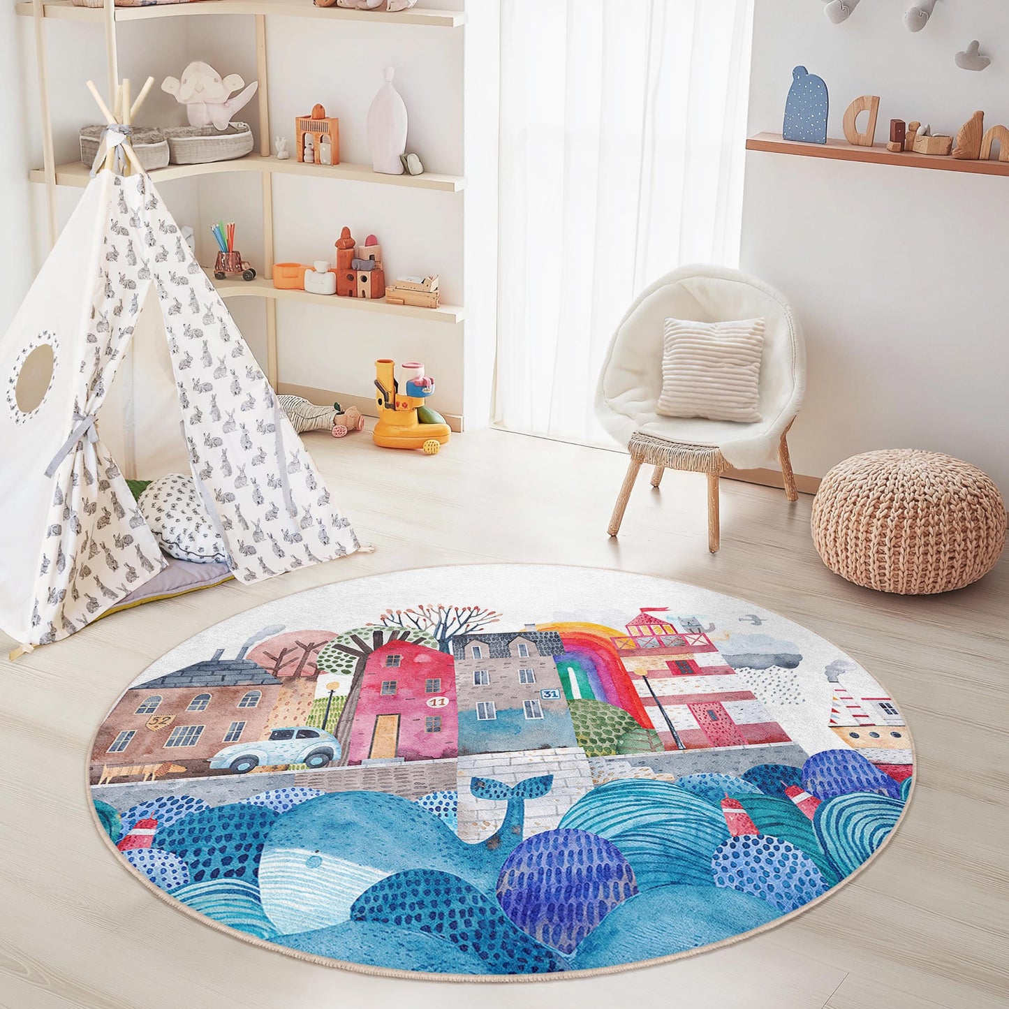 Whimsical Coastal Town Round Kids Rug, Colorful Beach House Rug, Playroom Decor, Nautical Theme Carpet, Soft Nursery Mat