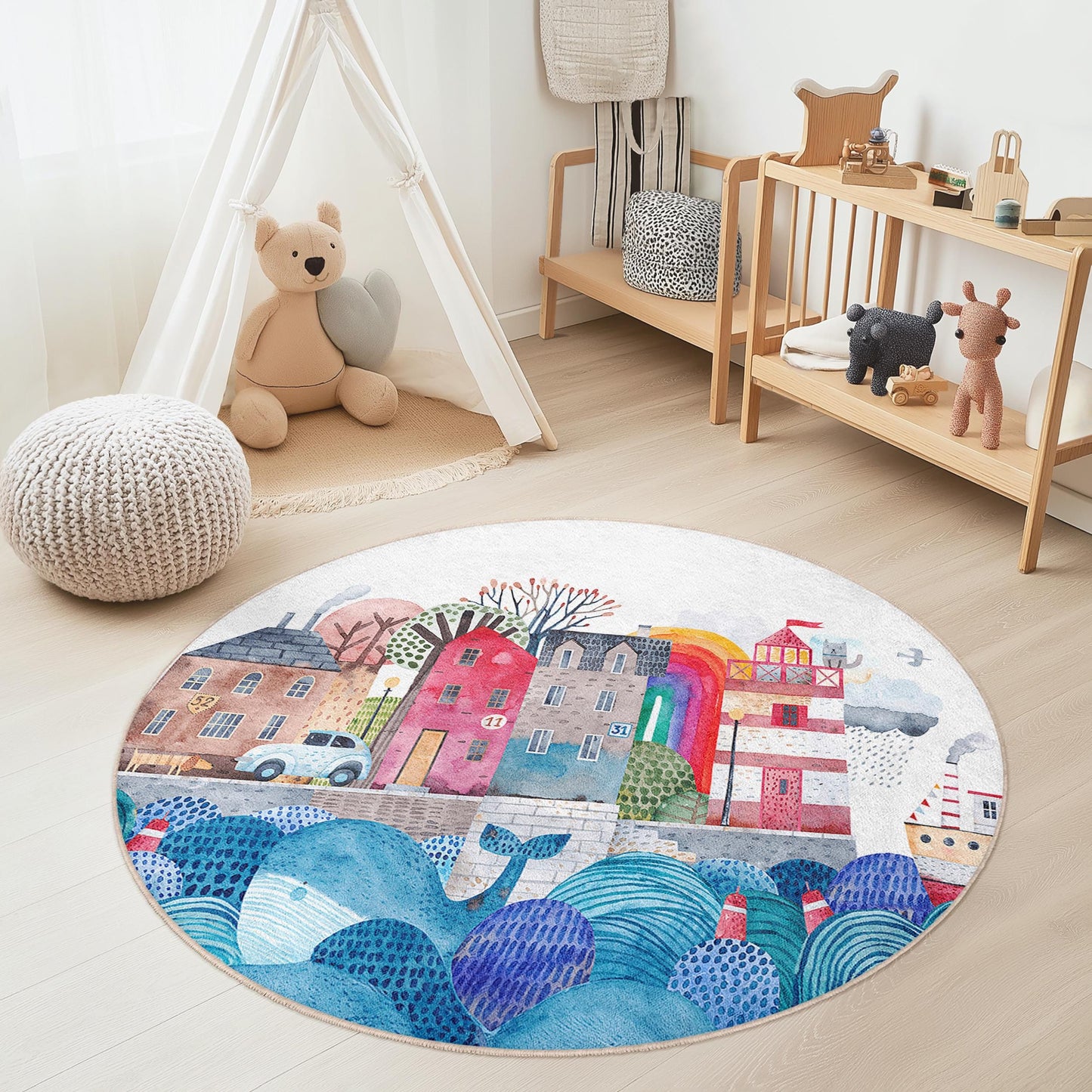 Whimsical Coastal Town Round Kids Rug, Colorful Beach House Rug, Playroom Decor, Nautical Theme Carpet, Soft Nursery Mat