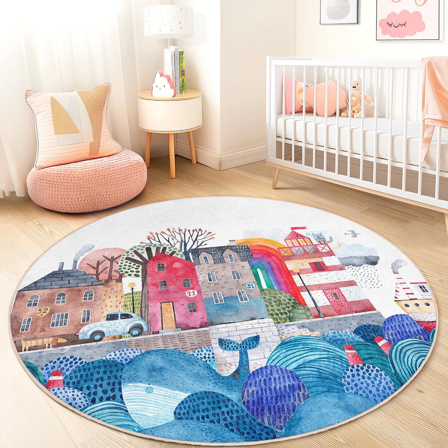 Whimsical Coastal Town Round Kids Rug, Colorful Beach House Rug, Playroom Decor, Nautical Theme Carpet, Soft Nursery Mat