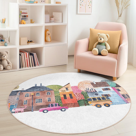 Whimsical Cityscape Round Kids Rug, Colorful Childrens Play Mat, Playroom Decor, Nursery Rug, Fun Carpet for Kids Room