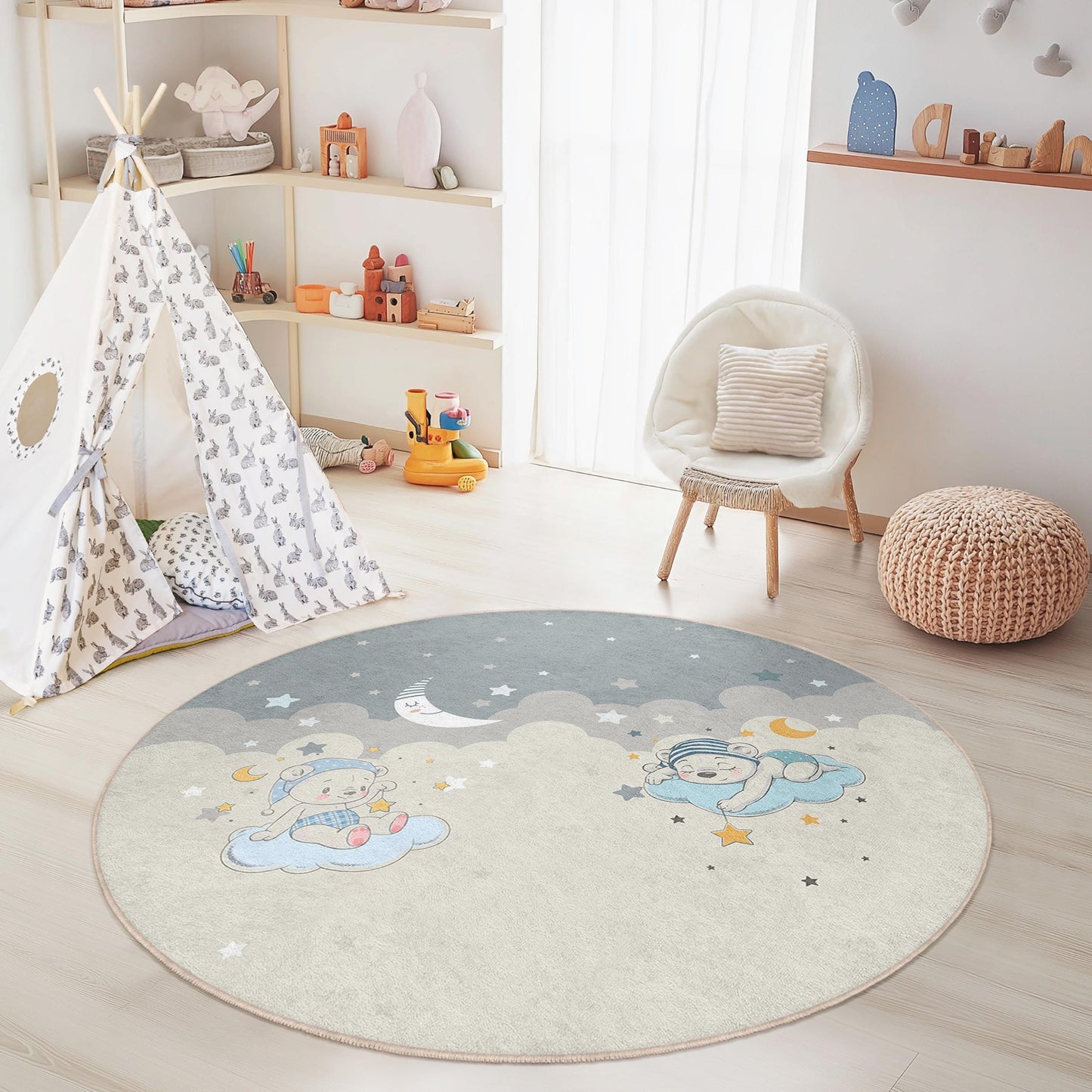 Dreamy Clouds Round Kids Rug, Nursery Decor, Bear Theme Play Mat, Soft Baby Room Carpet, Adorable Kids Room Rug, Sweet Dreams Rug