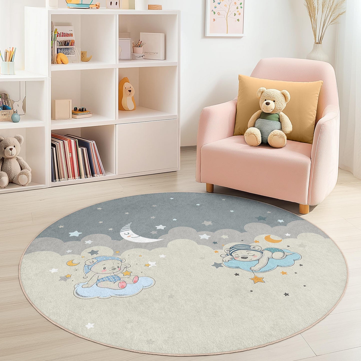 Dreamy Clouds Round Kids Rug, Nursery Decor, Bear Theme Play Mat, Soft Baby Room Carpet, Adorable Kids Room Rug, Sweet Dreams Rug
