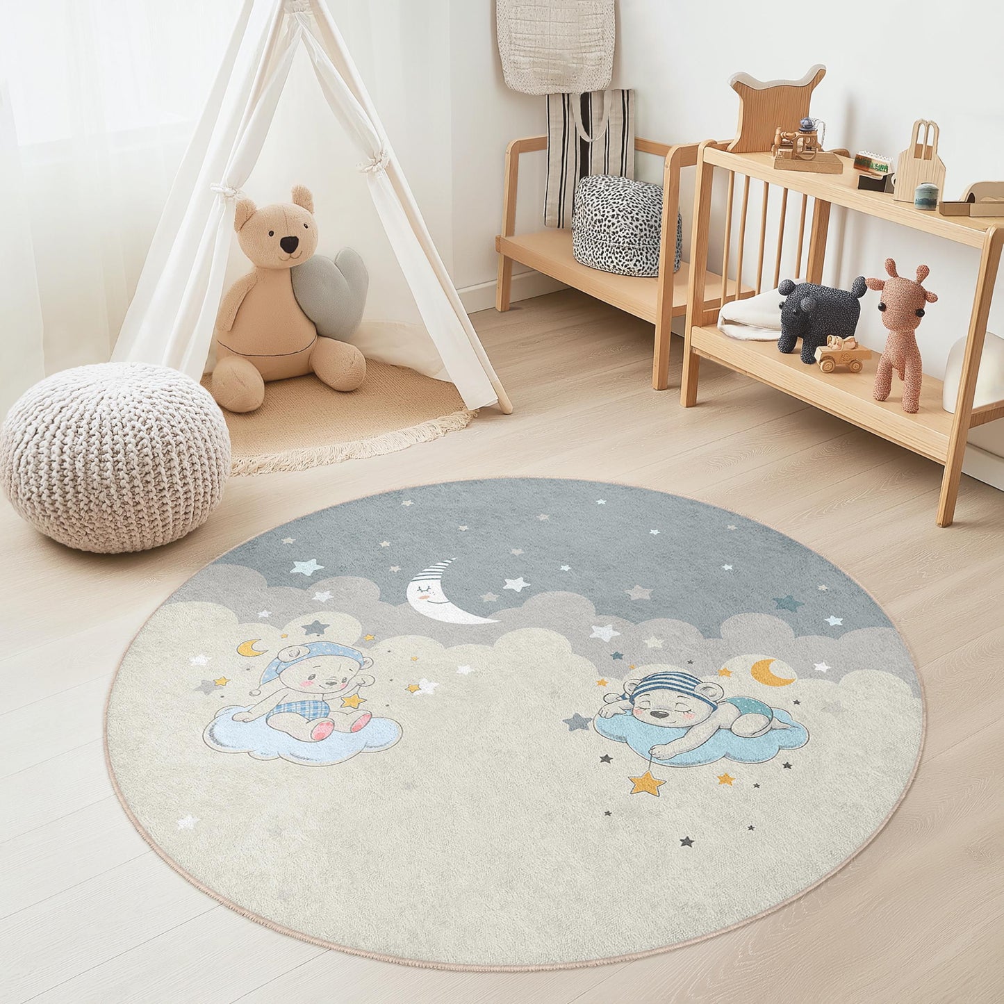 Dreamy Clouds Round Kids Rug, Nursery Decor, Bear Theme Play Mat, Soft Baby Room Carpet, Adorable Kids Room Rug, Sweet Dreams Rug