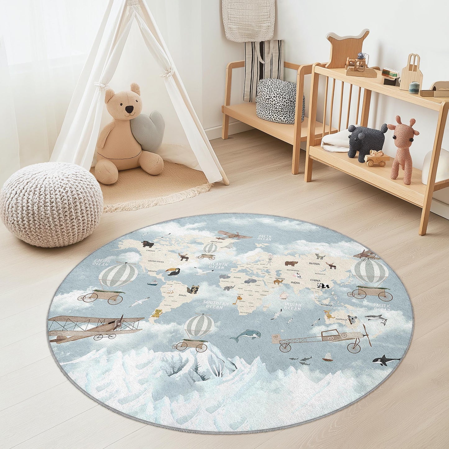 World Map Adventure Round Kids Rug, Airplane and Hot Air Balloon Design, Soft Nursery Carpet, Playroom Decor, Educational Play Mat