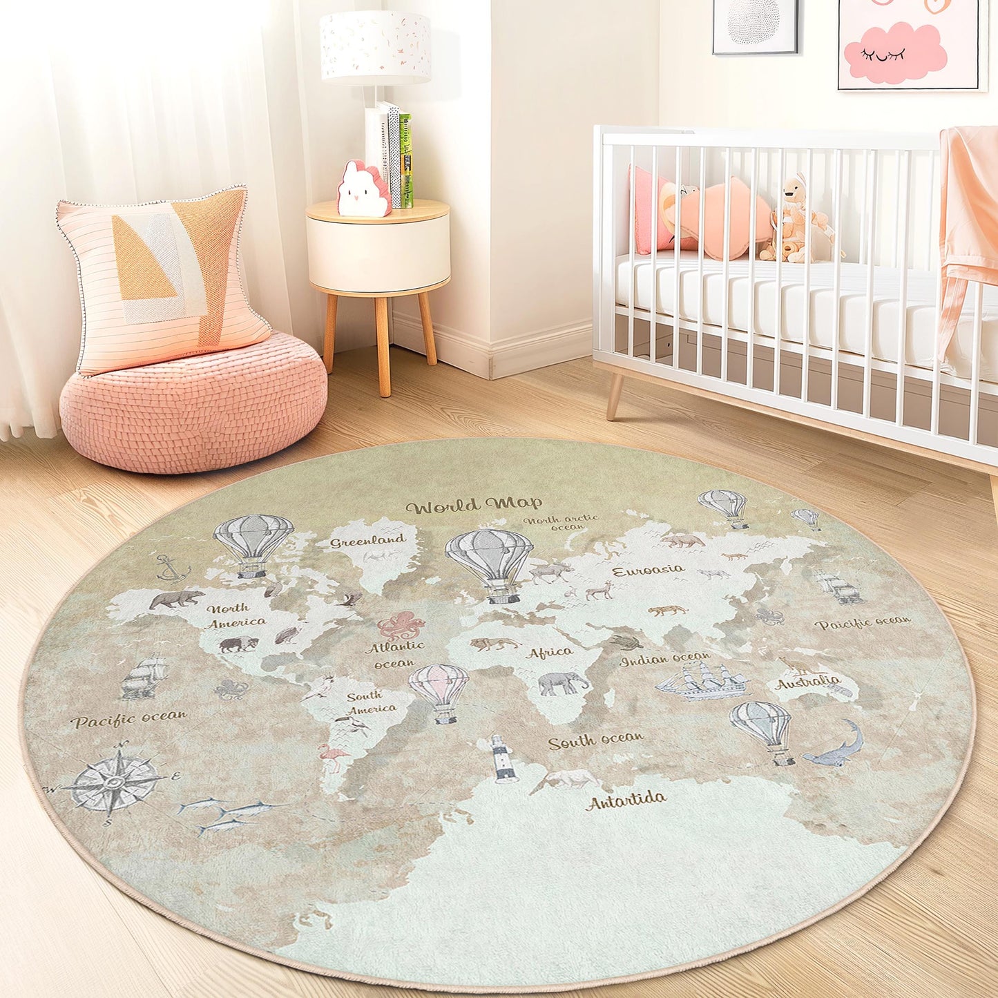 World Map Round Kids Play Rug, Educational Childrens Carpet, Nursery Decor, Interactive Learning Mat, Soft Round Area Rug