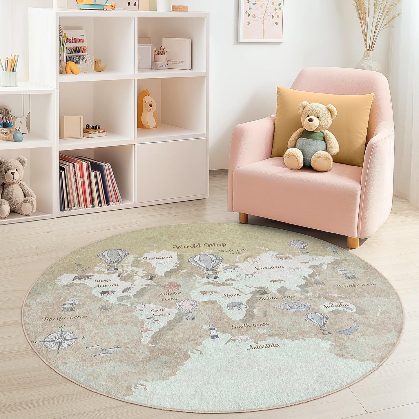World Map Round Kids Play Rug, Educational Childrens Carpet, Nursery Decor, Interactive Learning Mat, Soft Round Area Rug