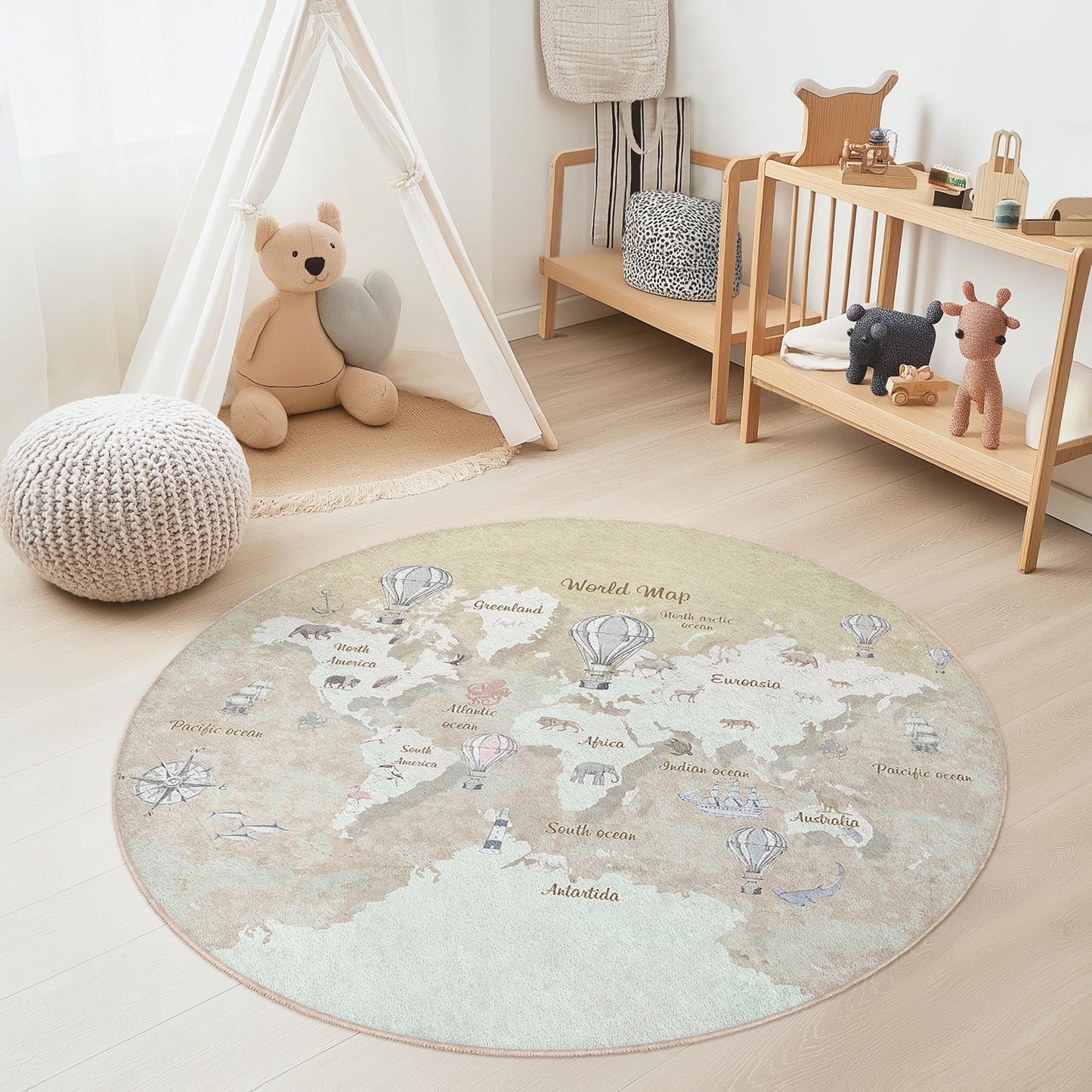World Map Round Kids Play Rug, Educational Childrens Carpet, Nursery Decor, Interactive Learning Mat, Soft Round Area Rug