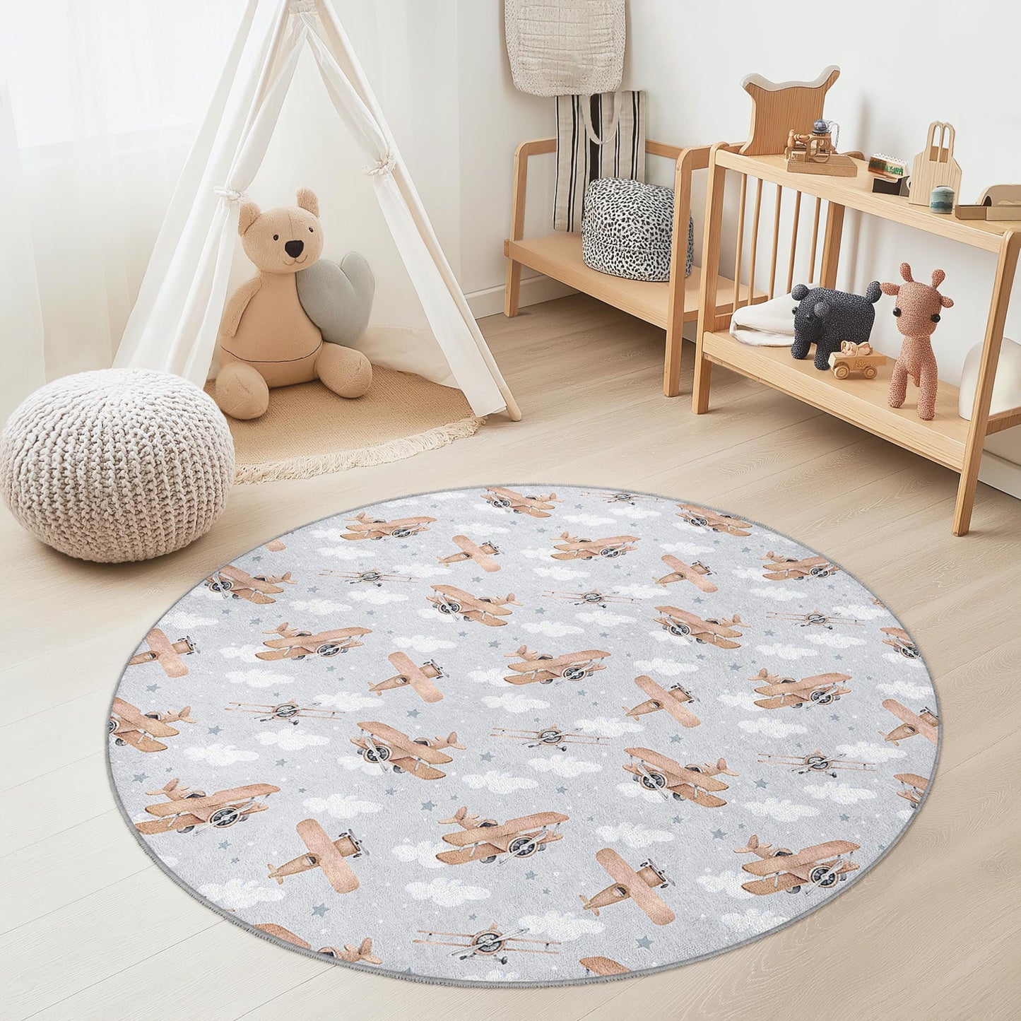 Vintage Airplane Round Kids Rug, Aviation Themed Nursery Carpet, Cloud Pattern Playroom Rug, Soft Area Rug for Kids Room