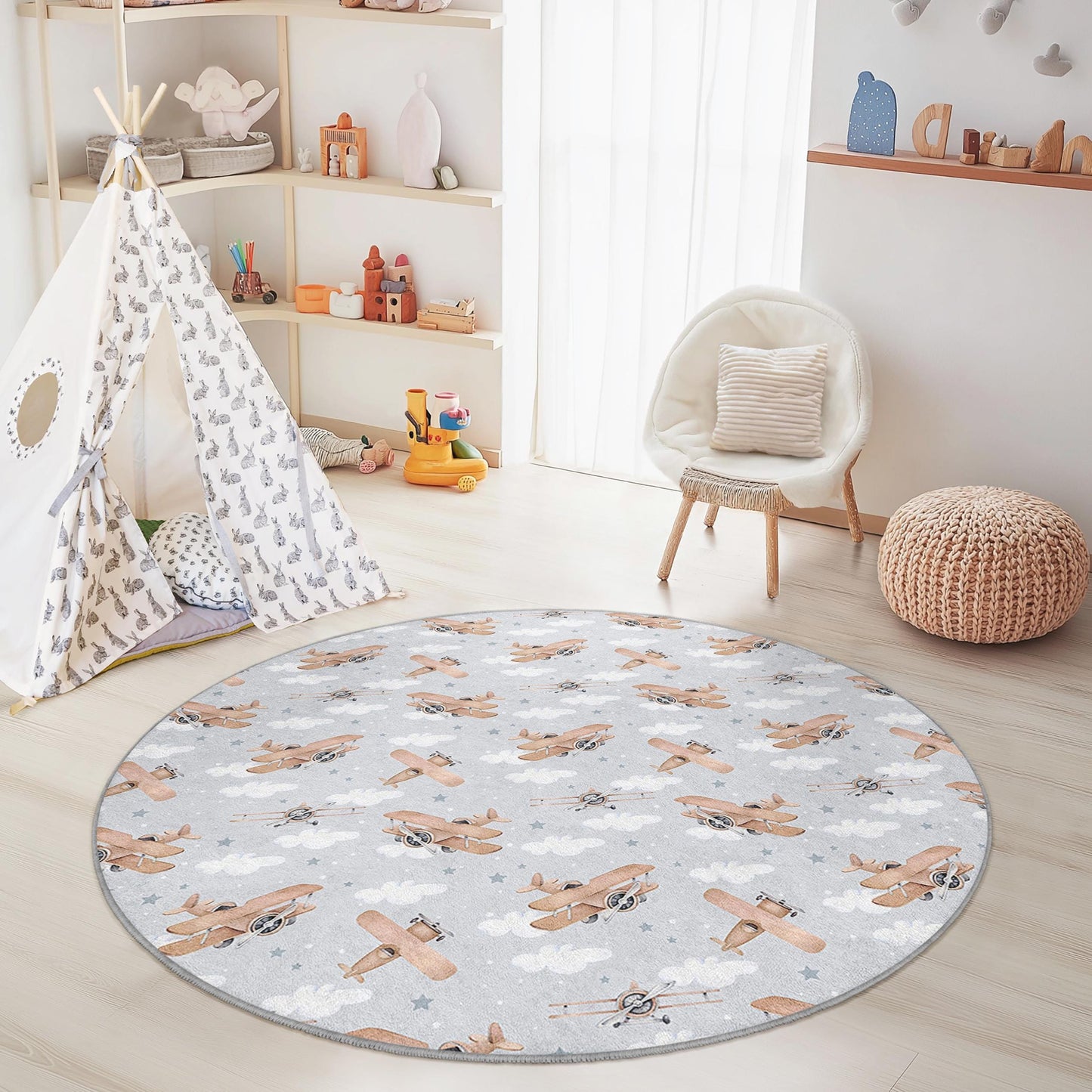 Vintage Airplane Round Kids Rug, Aviation Themed Nursery Carpet, Cloud Pattern Playroom Rug, Soft Area Rug for Kids Room