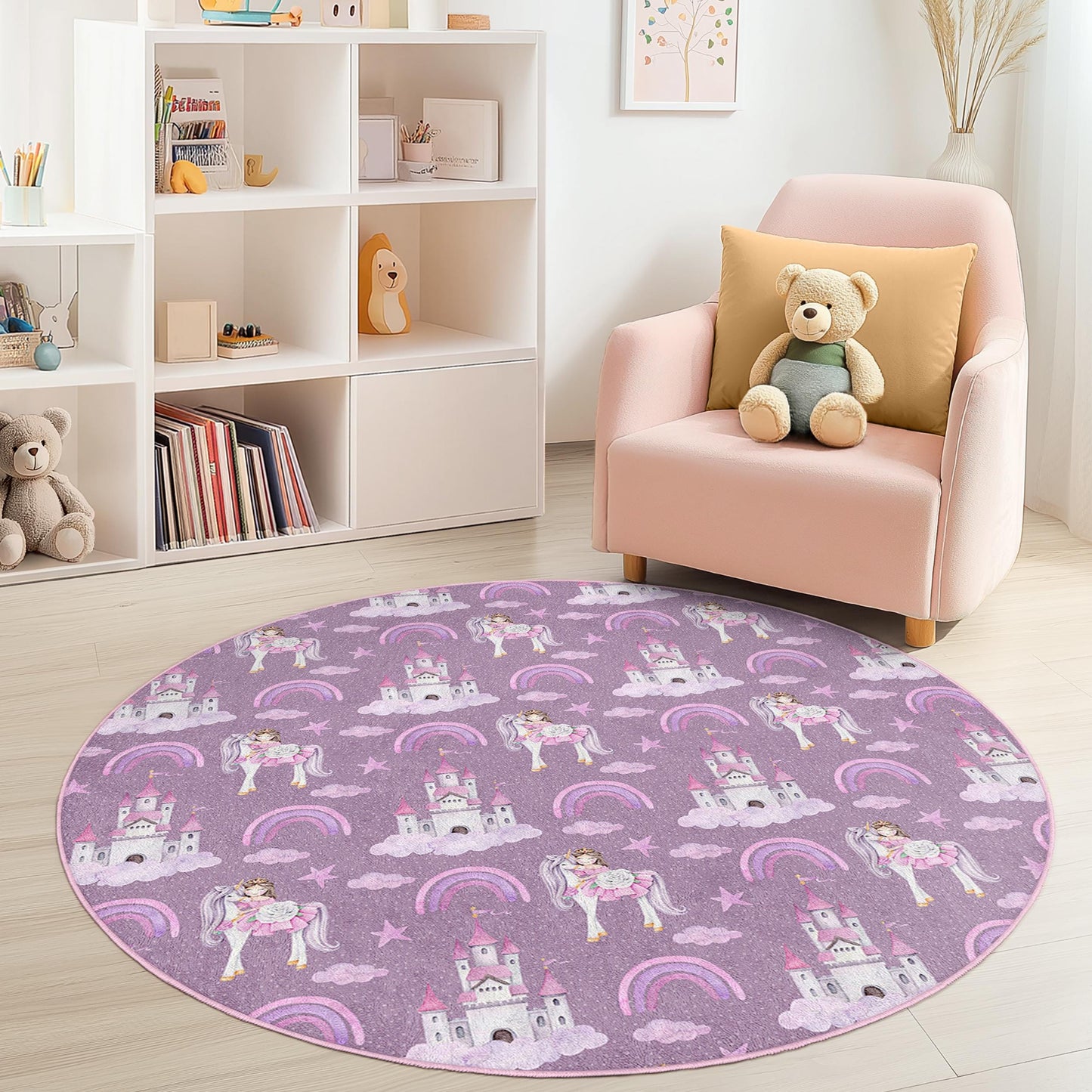 Whimsical Unicorn Round Kids Rug, Cute Castle and Rainbow Design, Soft Play Mat for Girls Room, Nursery Decor, Playroom Carpet