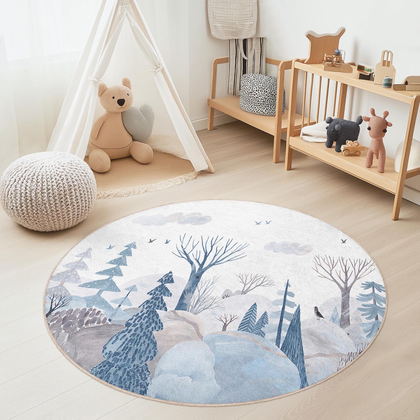Winter Wonderland Round Kids Rug, Cozy Forest Rug for Nursery, Soft Children's Rug, Nature Inspired Play Mat, Kids Room Decor