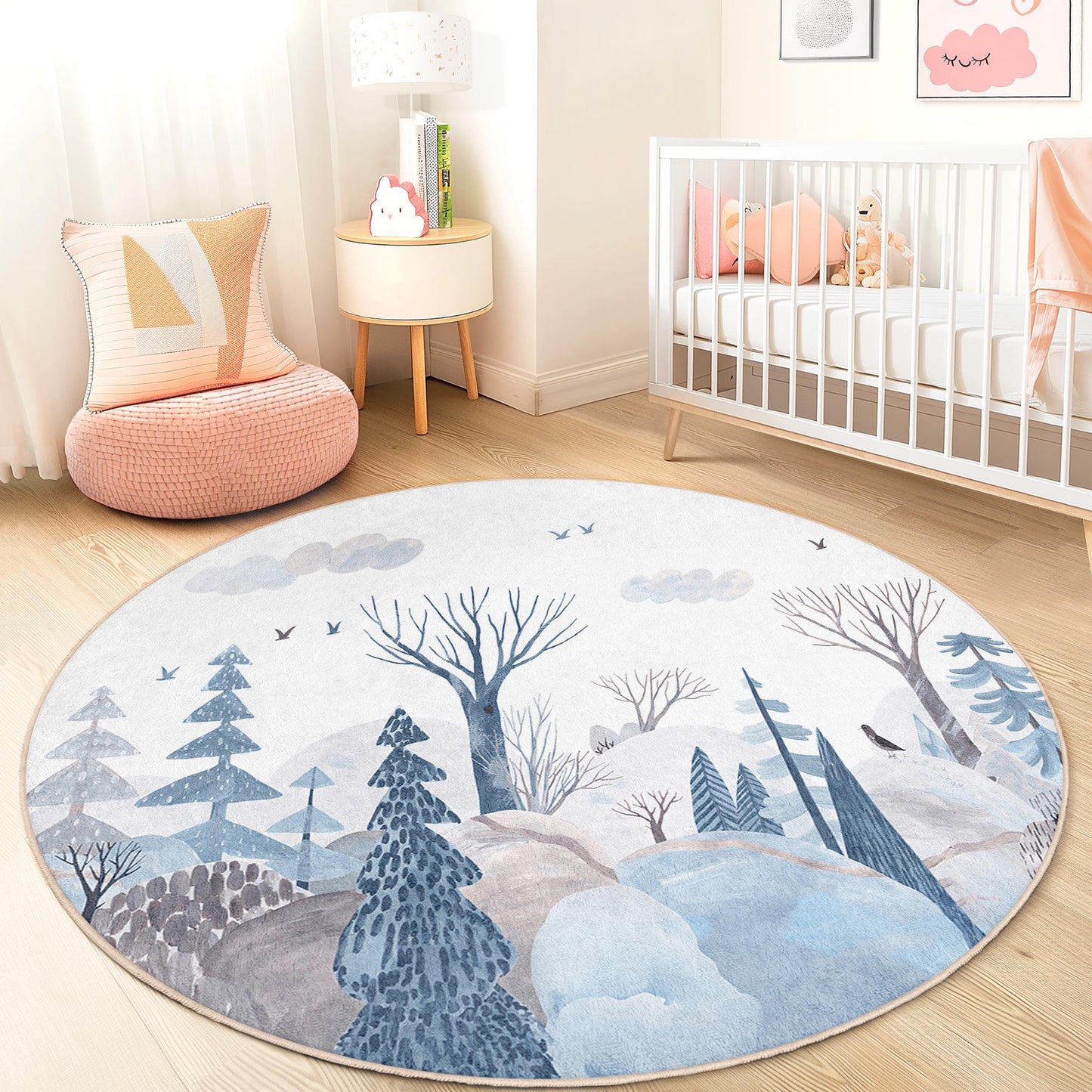 Winter Wonderland Round Kids Rug, Cozy Forest Rug for Nursery, Soft Children's Rug, Nature Inspired Play Mat, Kids Room Decor