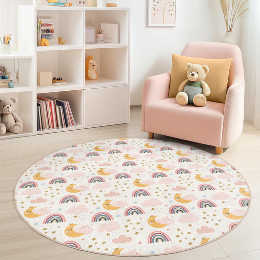Whimsical Rainbow Cloud Round Kids Rug, Soft Play Mat for Nursery, Adorable Kids Room Decor, Colorful Round Carpet for Toddlers
