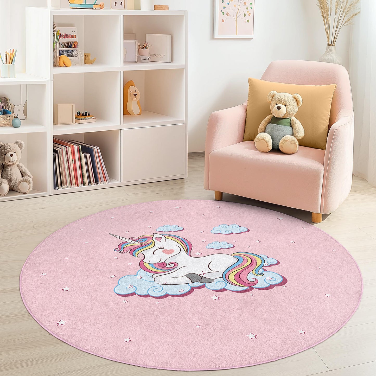 Magical Unicorn Round Kids Rug, Pink Unicorn Carpet, Playroom Decor, Nursery Rug, Soft Play Mat, Girls Room Rug