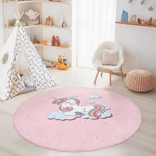 Magical Unicorn Round Kids Rug, Pink Unicorn Carpet, Playroom Decor, Nursery Rug, Soft Play Mat, Girls Room Rug