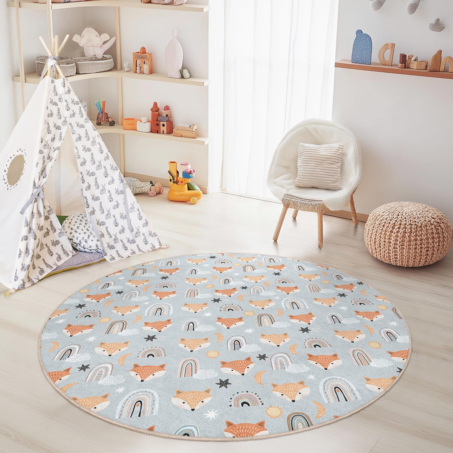 Whimsical Foxes Round Kids Rug, Cute Fox Patterned Rug, Playroom Decor, Nursery Round Rug, Child's Room Carpet