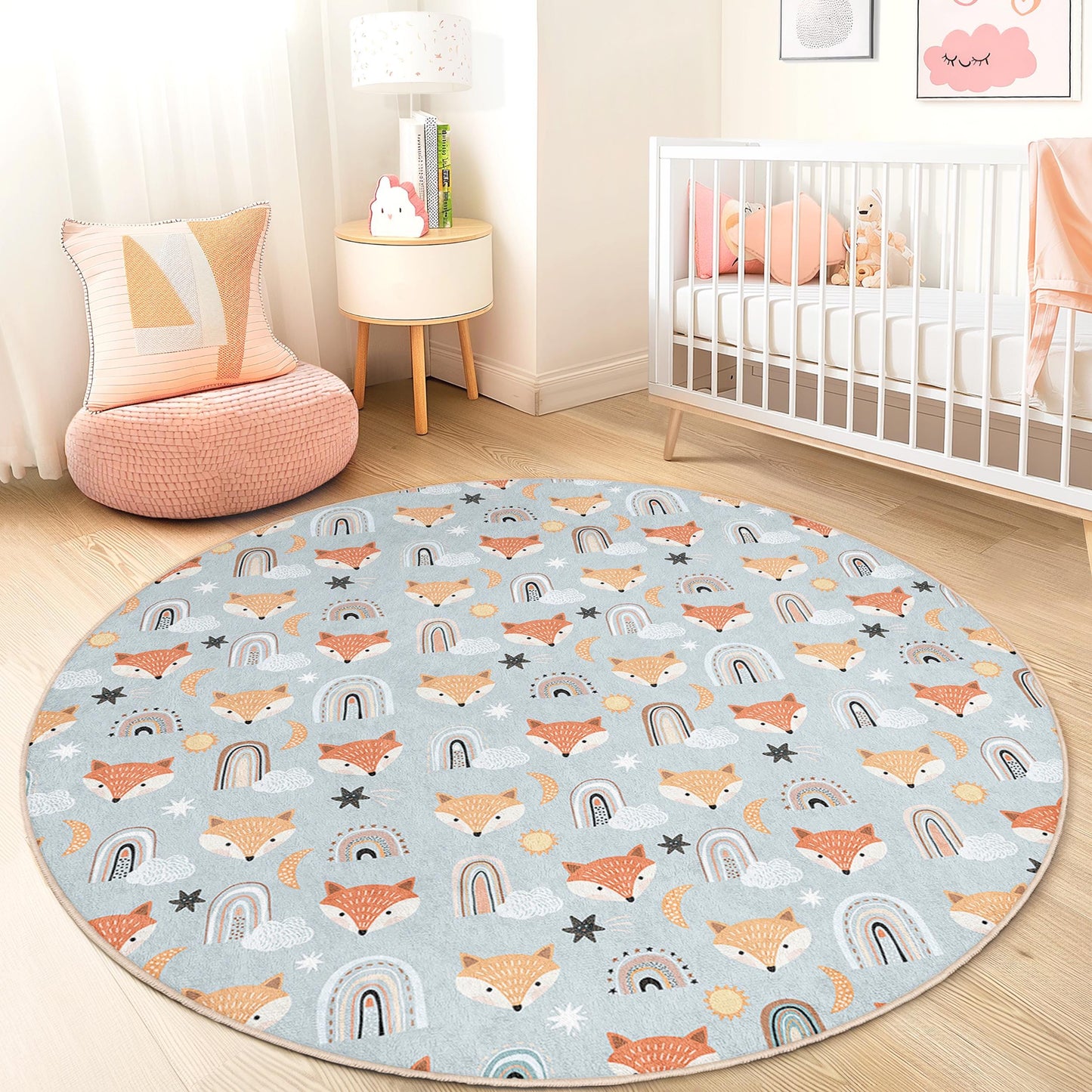 Whimsical Foxes Round Kids Rug, Cute Fox Patterned Rug, Playroom Decor, Nursery Round Rug, Child's Room Carpet