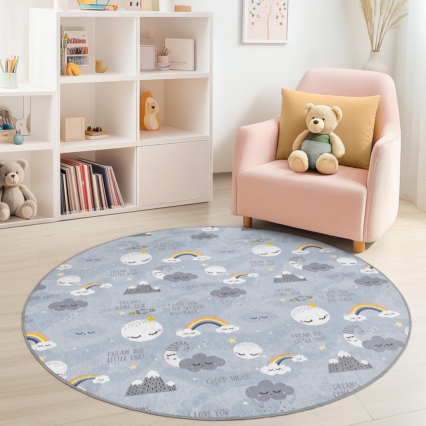 Dreamy Clouds Round Kids Playroom Rug, Fun Rainbow Pattern Floor Mat, Nursery Decor, Soft Cozy Carpet for Children