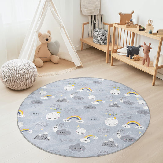 Dreamy Clouds Round Kids Playroom Rug, Fun Rainbow Pattern Floor Mat, Nursery Decor, Soft Cozy Carpet for Children