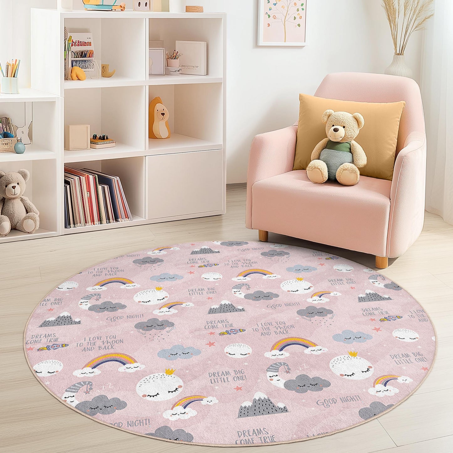 Dreamy Clouds Round Kids Rug, Rainbow Nursery Rug, Soft Play Mat for Children, Cute Baby Room Decor, Kid's Room Accessories