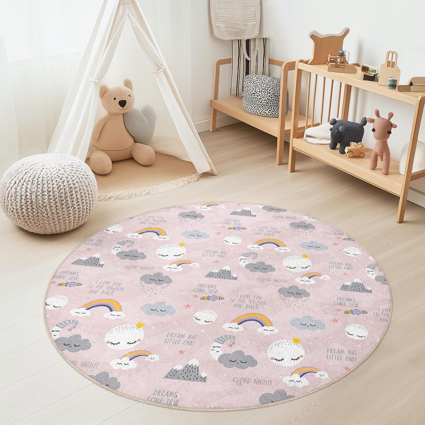 Dreamy Clouds Round Kids Rug, Rainbow Nursery Rug, Soft Play Mat for Children, Cute Baby Room Decor, Kid's Room Accessories
