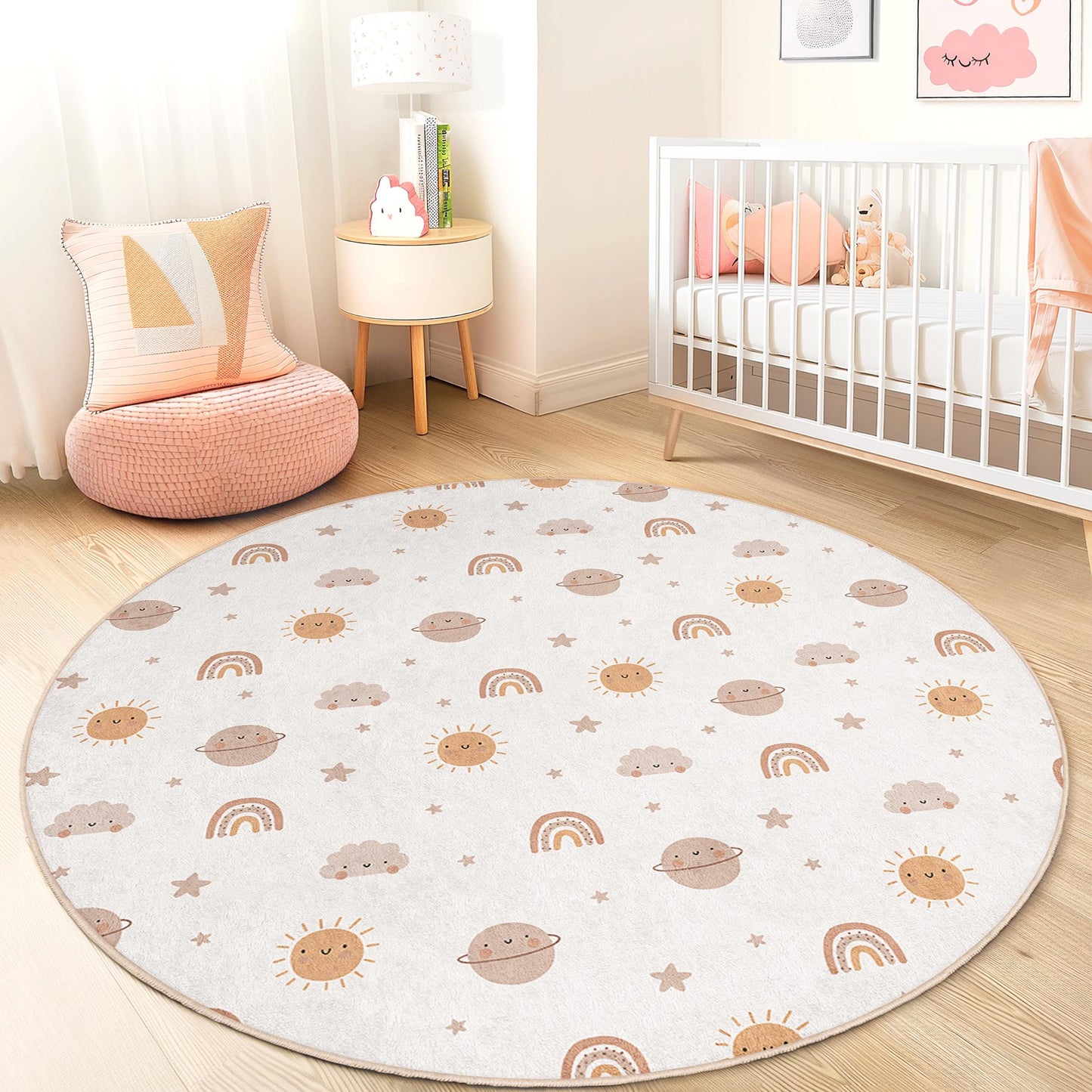 Sunny Skies Round Kids Play Rug, Rainbow and Planet Design, Soft Nursery Carpet, Baby Room Decor, Playroom Mat for Children