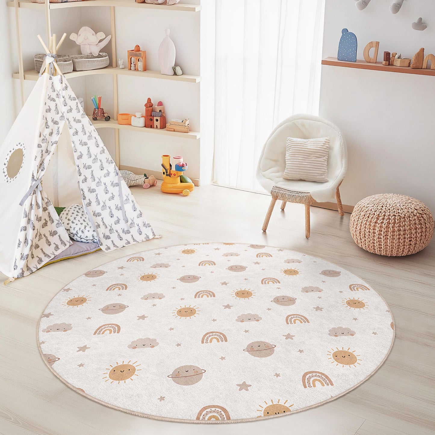 Sunny Skies Round Kids Play Rug, Rainbow and Planet Design, Soft Nursery Carpet, Baby Room Decor, Playroom Mat for Children