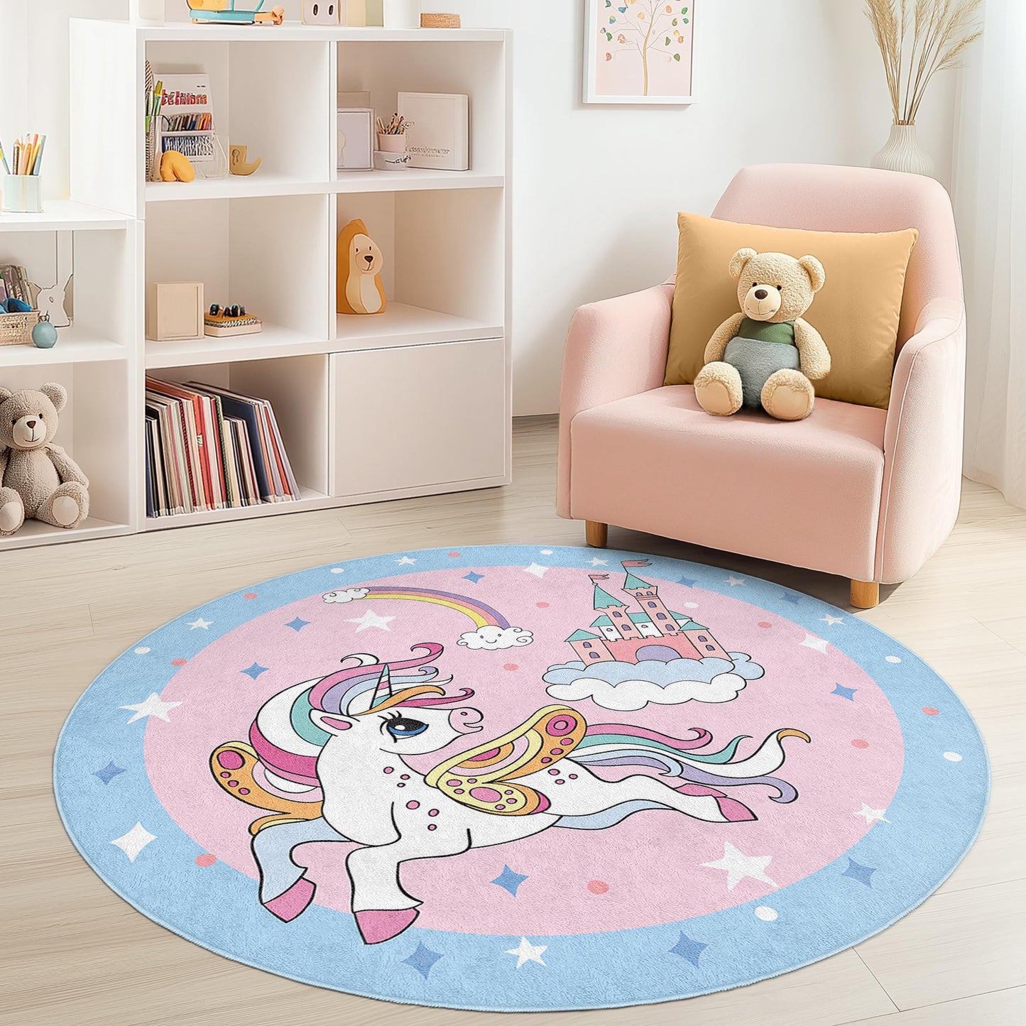 Magical Unicorn Round Kids Rug, Fairy Tale Kids Carpet, Playroom Decor, Nursery Rug, Fantasy Room Rug, Kids Room Accessories