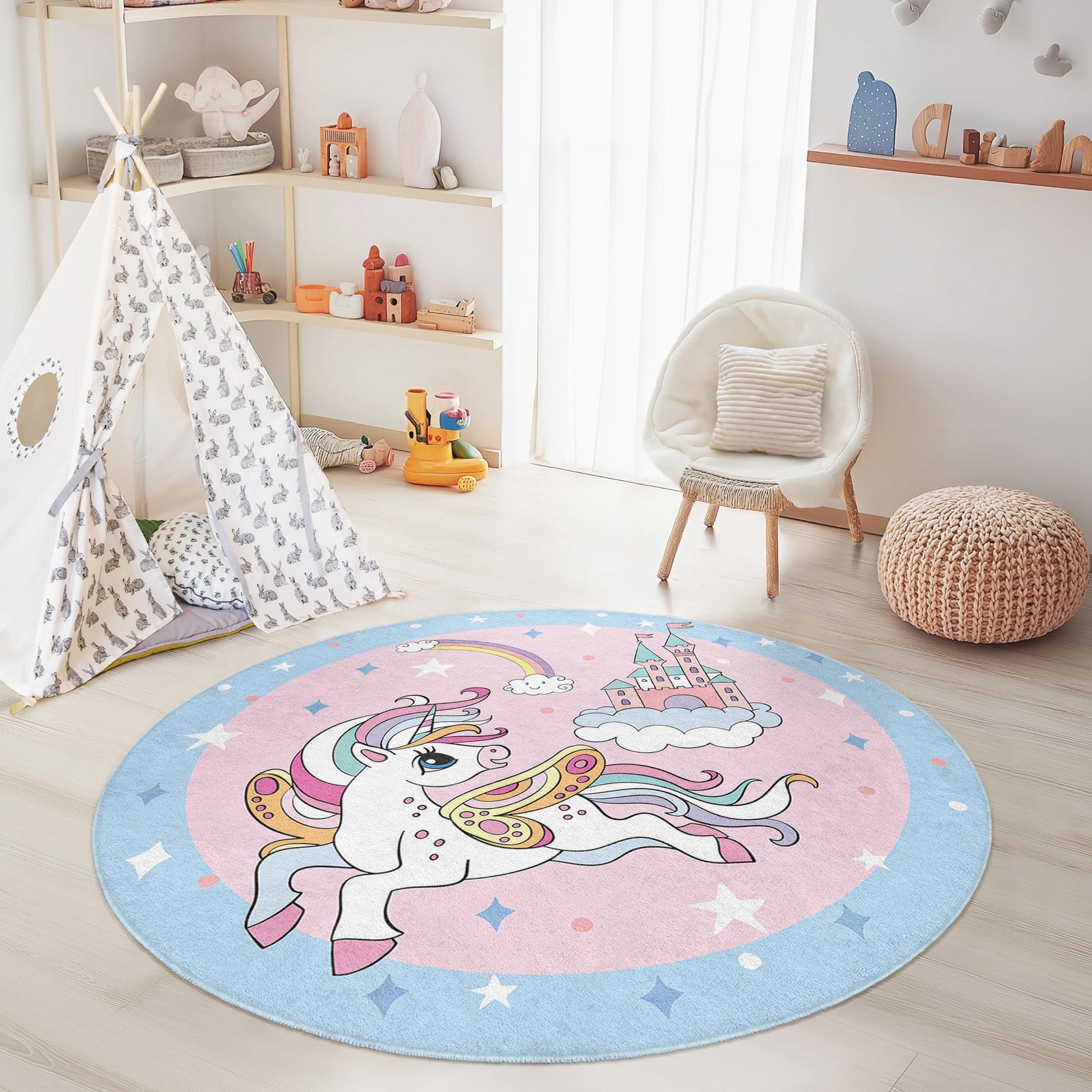 Magical Unicorn Round Kids Rug, Fairy Tale Kids Carpet, Playroom Decor, Nursery Rug, Fantasy Room Rug, Kids Room Accessories