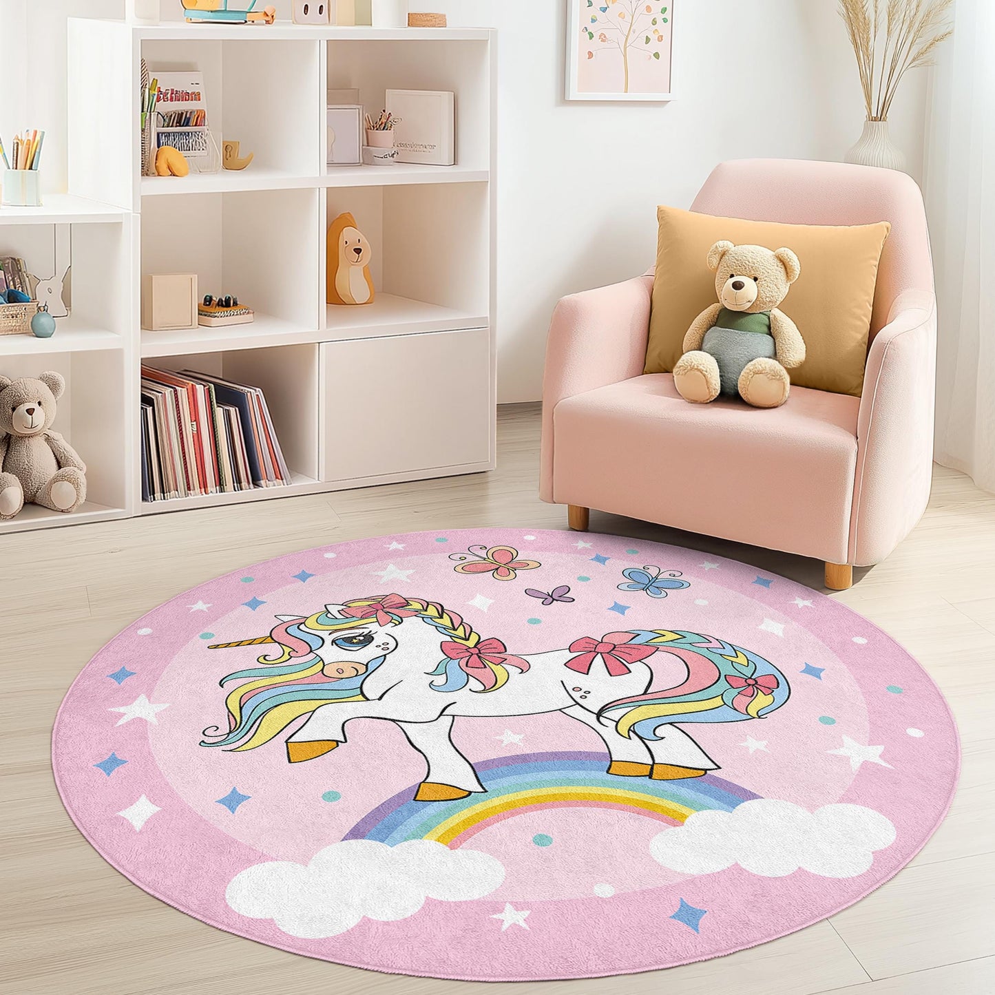 Whimsical Unicorn Round Kids Rug, Rainbow Unicorn Play Mat, Magical Nursery Decor, Girls Room Carpet, Soft Playroom Rug
