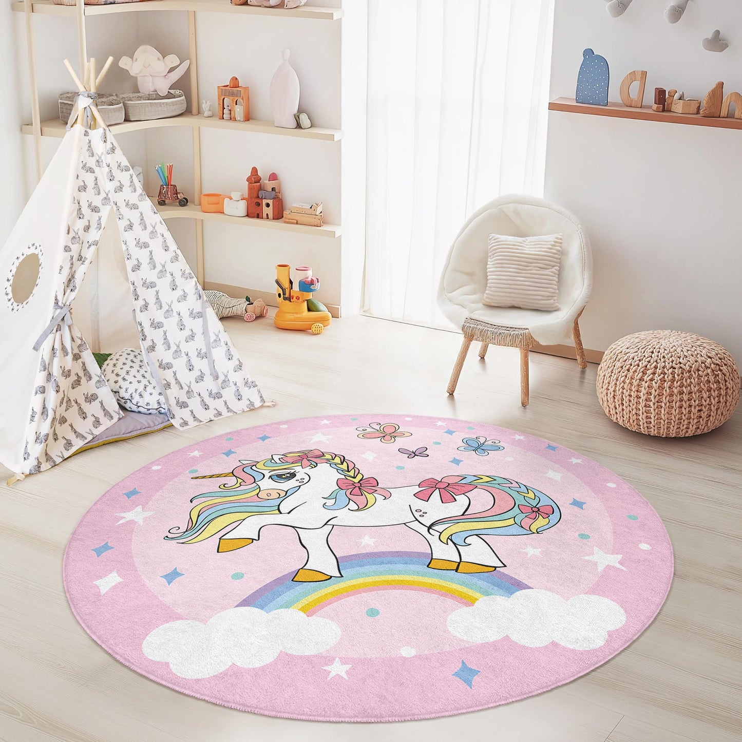 Whimsical Unicorn Round Kids Rug, Rainbow Unicorn Play Mat, Magical Nursery Decor, Girls Room Carpet, Soft Playroom Rug