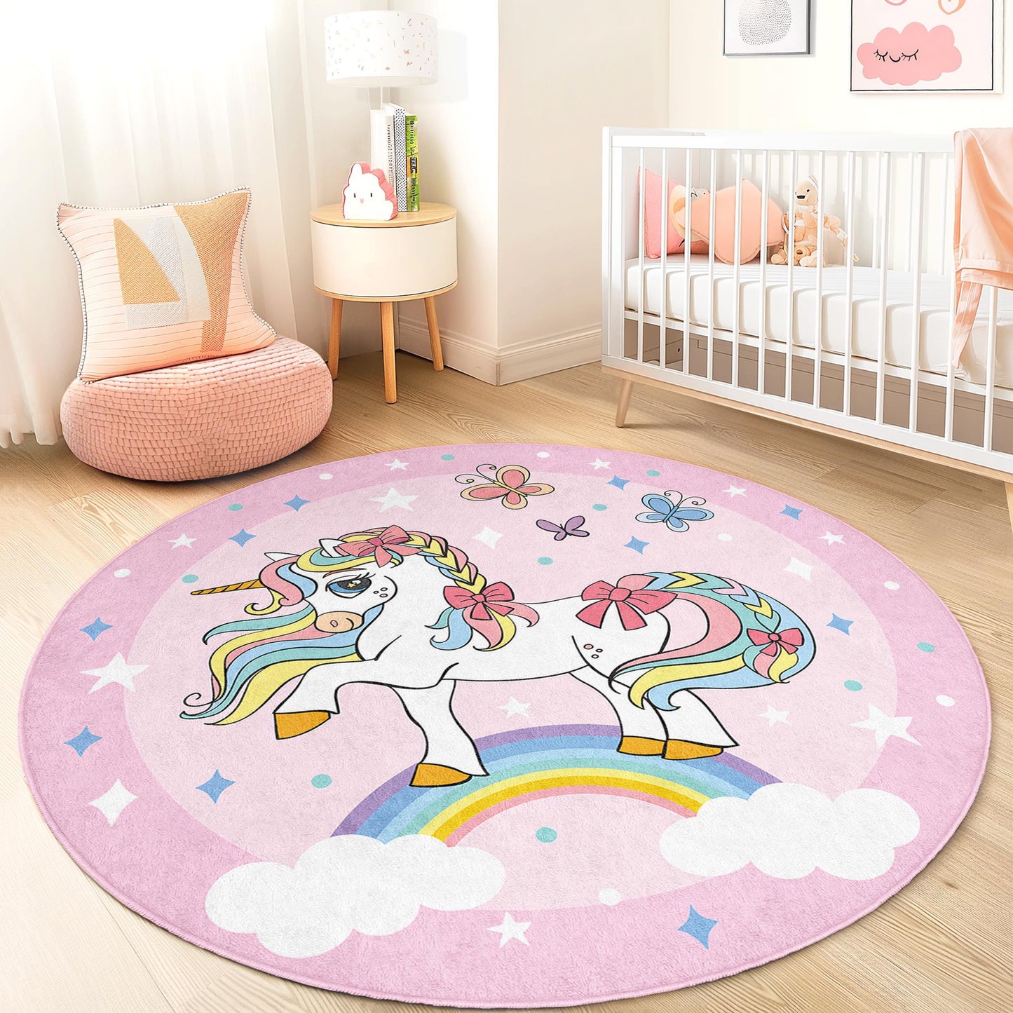 Whimsical Unicorn Round Kids Rug, Rainbow Unicorn Play Mat, Magical Nursery Decor, Girls Room Carpet, Soft Playroom Rug