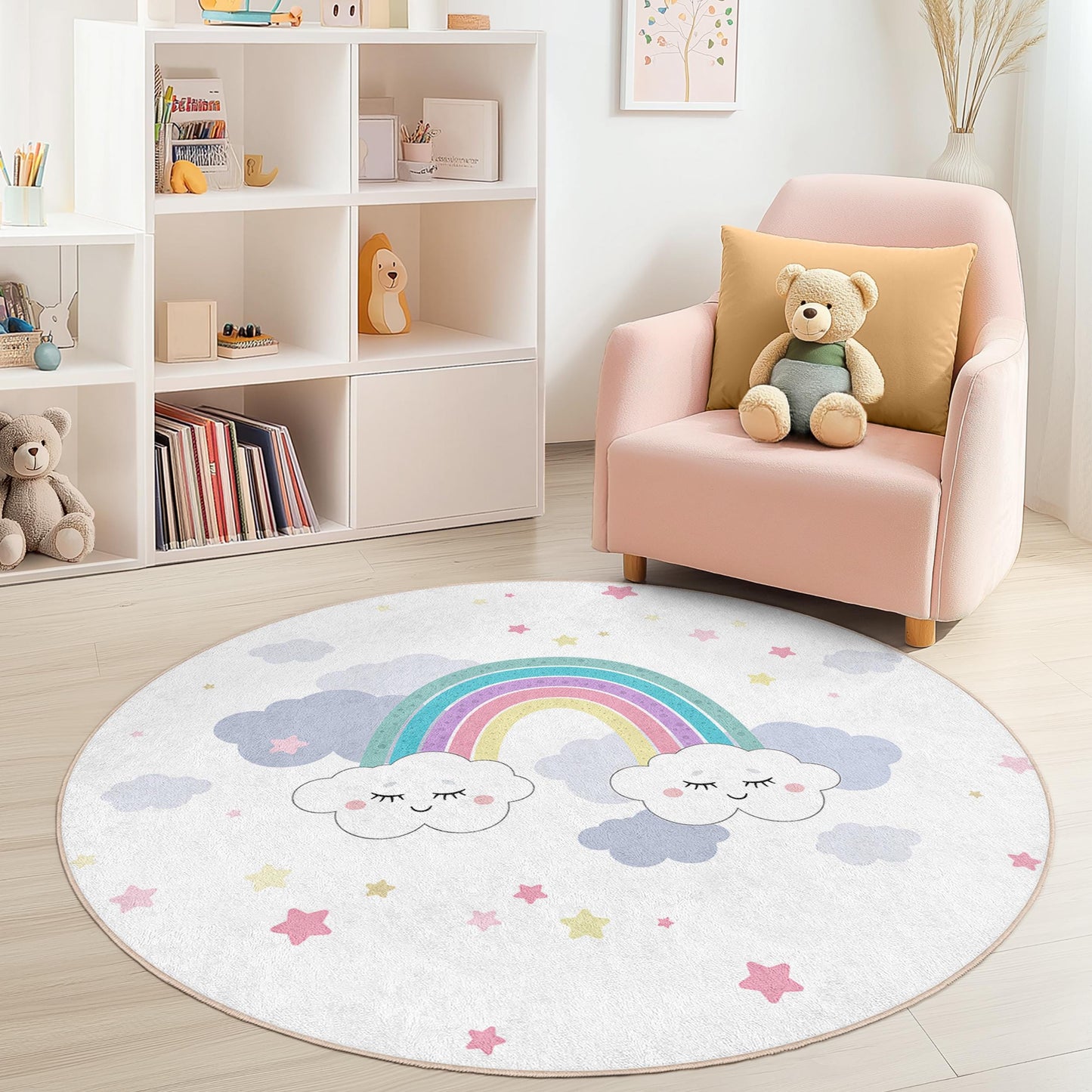 Rainbow Clouds Round Kids Play Rug, Cute Cloud Rainbow Rug, Nursery Decor, Soft Children's Carpet, Playroom Rug, Kids Room Decor
