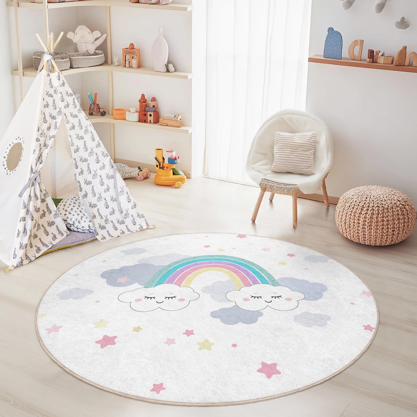 Rainbow Clouds Round Kids Play Rug, Cute Cloud Rainbow Rug, Nursery Decor, Soft Children's Carpet, Playroom Rug, Kids Room Decor
