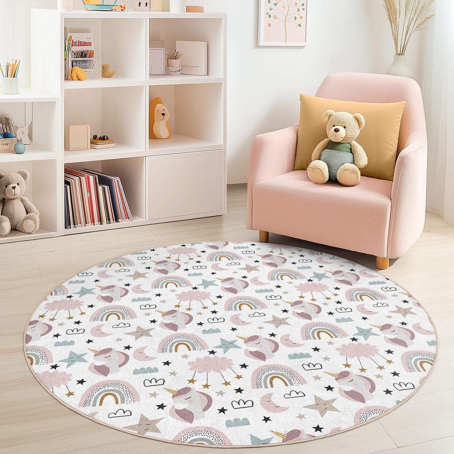 Whimsical Unicorn Round Kids Play Rug, Rainbow Unicorn Playmat, Soft Nursery Decor, Round Carpet for Kids Room, Magical Kids Rug