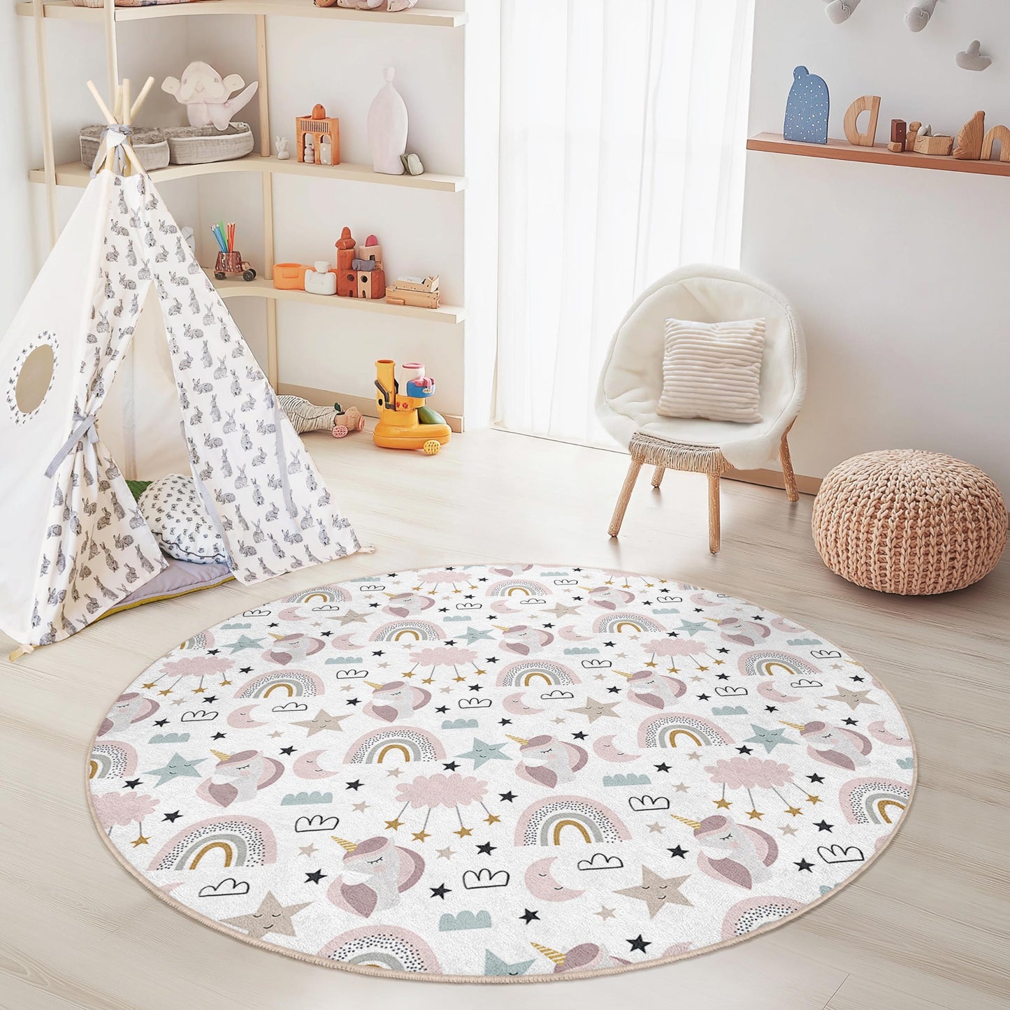 Whimsical Unicorn Round Kids Play Rug, Rainbow Unicorn Playmat, Soft Nursery Decor, Round Carpet for Kids Room, Magical Kids Rug