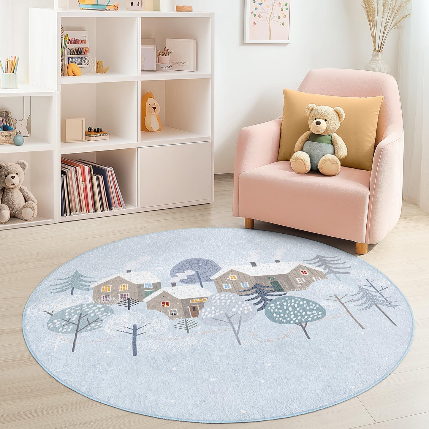 Winter Wonderland Round Kids Rug, Cozy Snowy Village Rug, Nursery Decor, Playroom Rug, Kids Room Carpet, Soft Round Rug