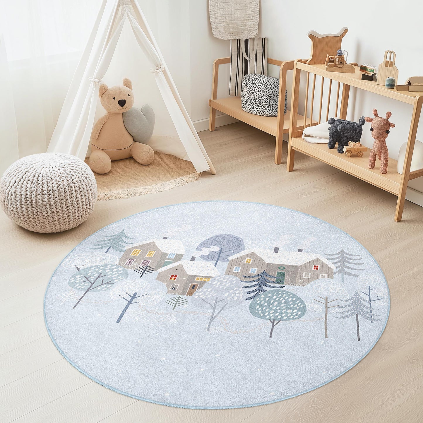 Winter Wonderland Round Kids Rug, Cozy Snowy Village Rug, Nursery Decor, Playroom Rug, Kids Room Carpet, Soft Round Rug