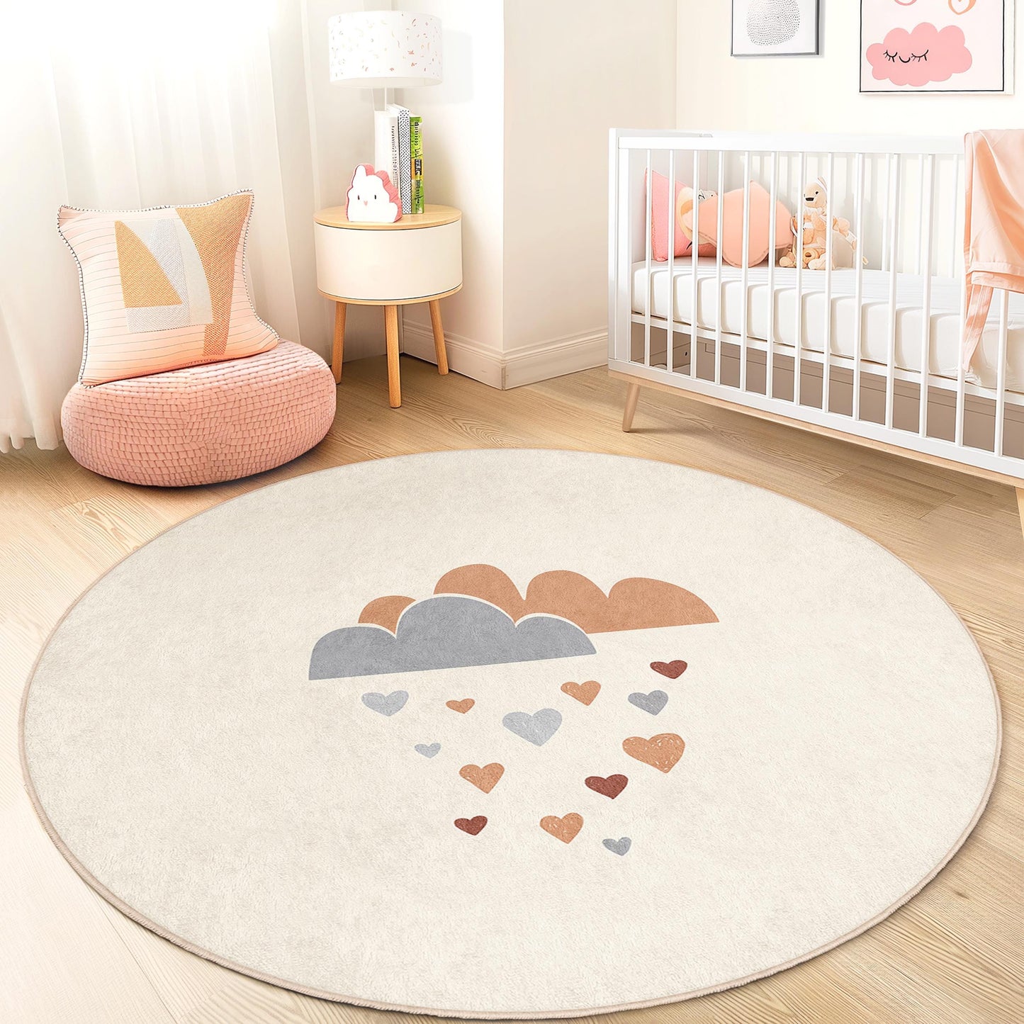 Clouds and Hearts Kids Rug: Soft Nursery Playroom Carpet